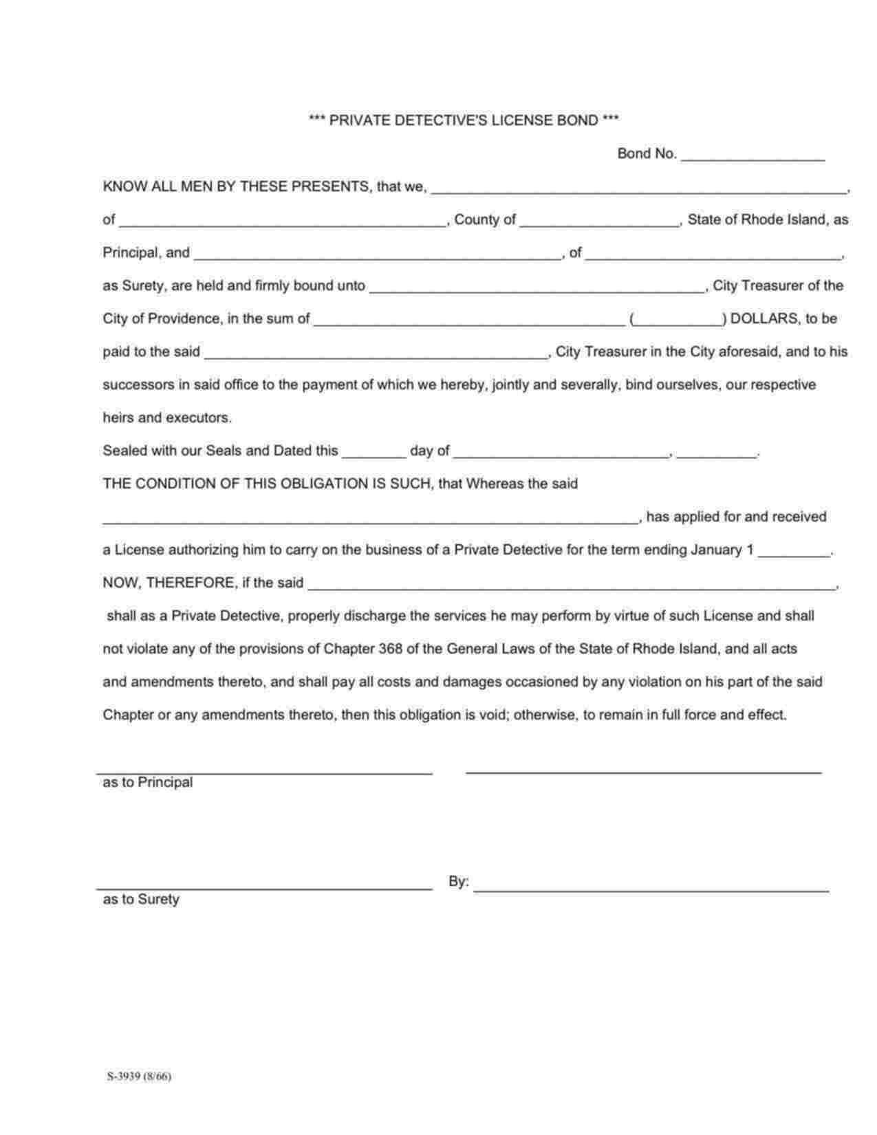 Rhode Island Private Detective's License Bond Form