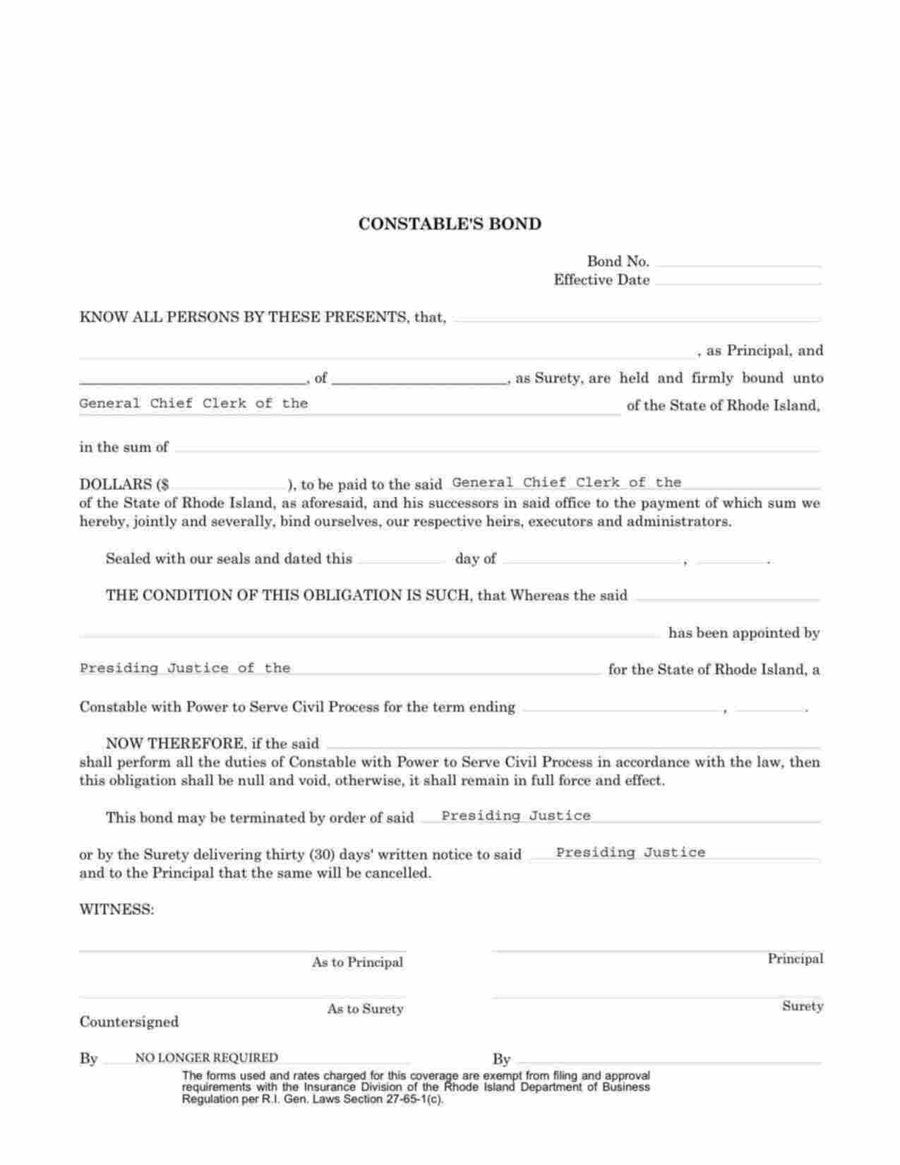 Rhode Island Constable Bond Form