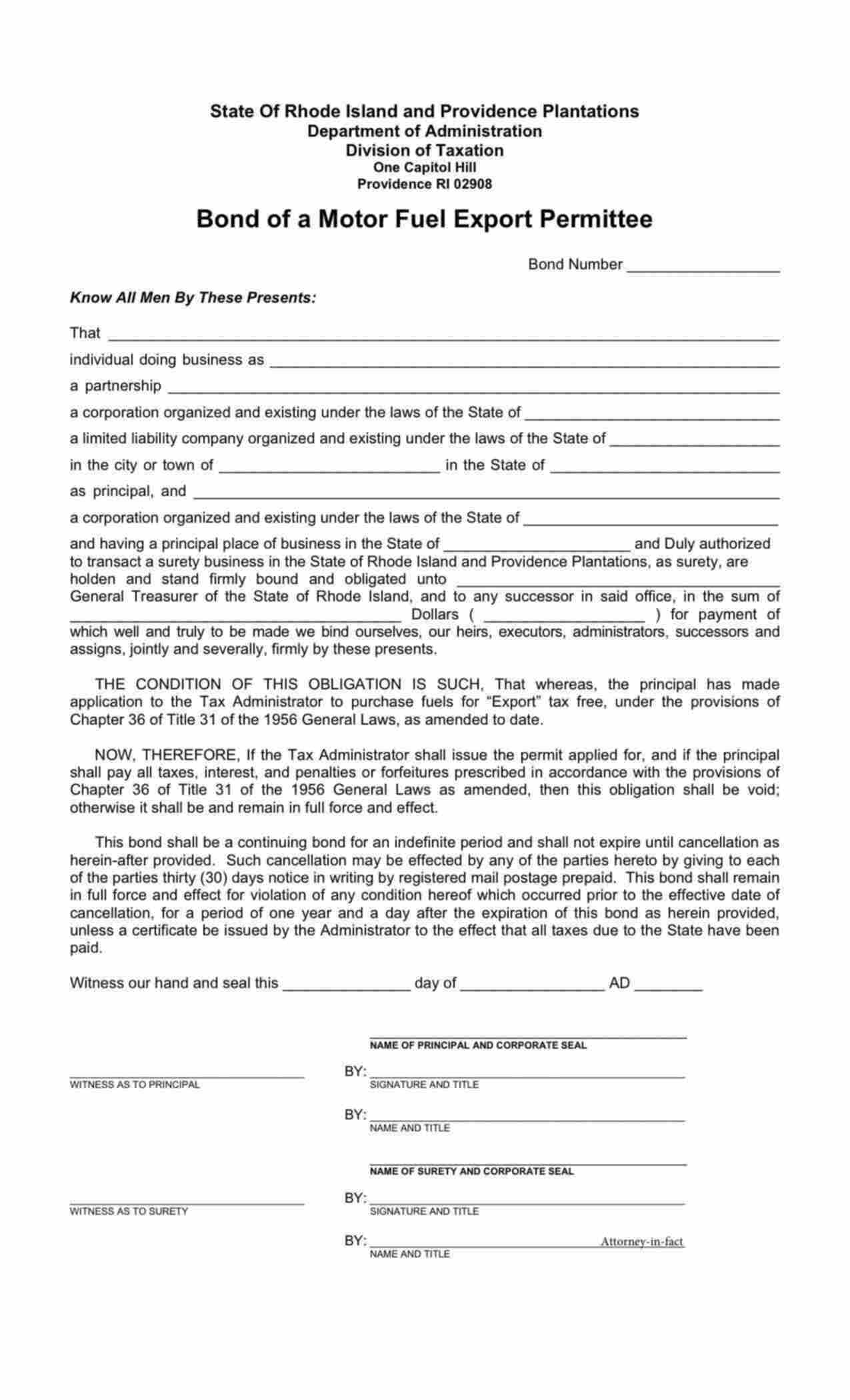 Rhode Island Motor Fuel Export Permittee - LLC Bond Form