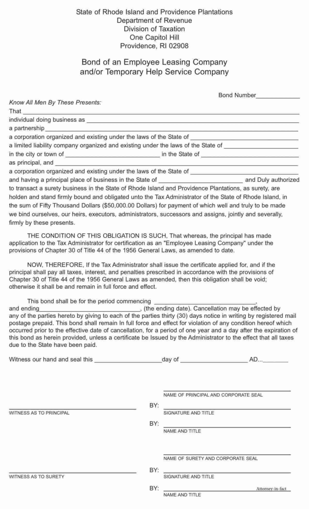 Rhode Island Employee Leasing Company - Partnership Bond Form