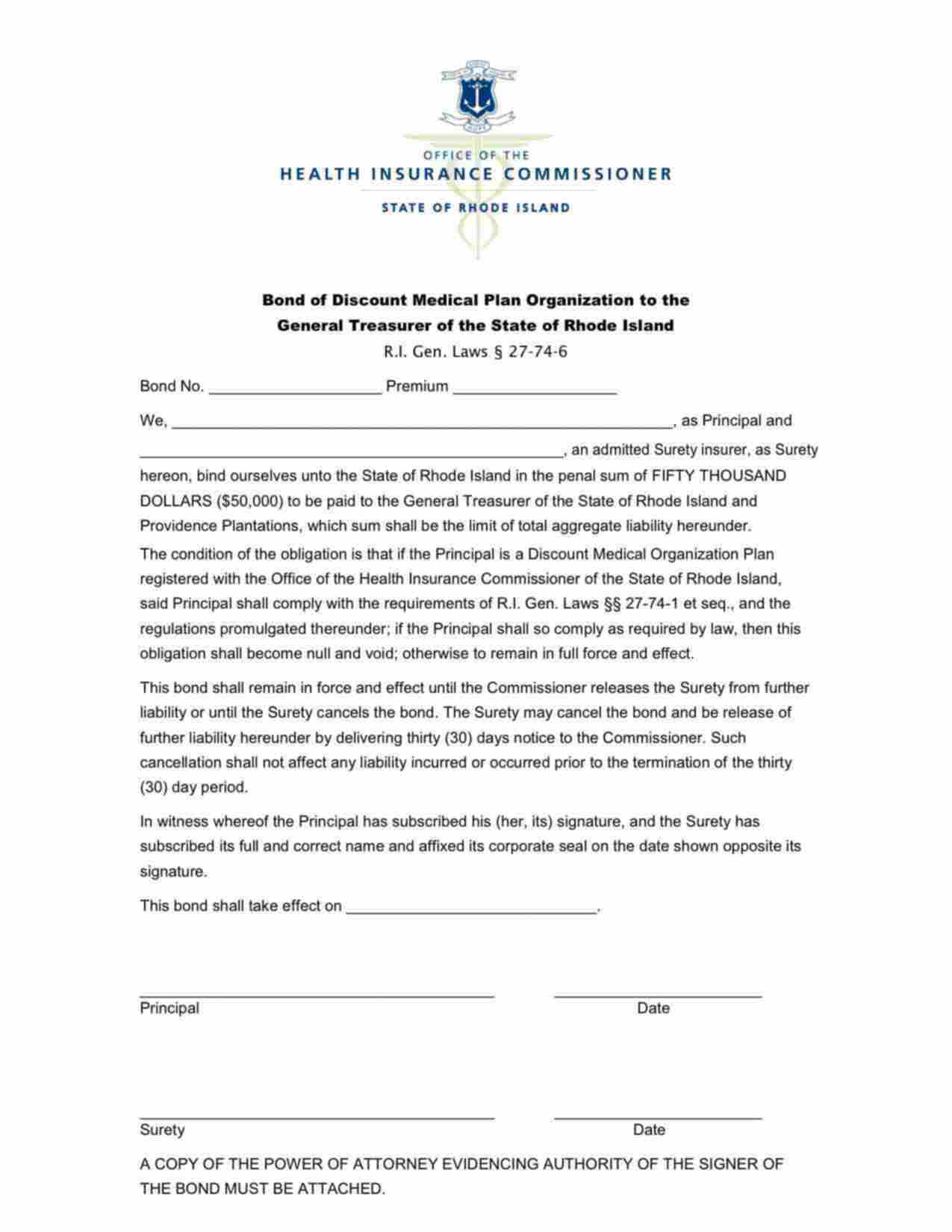 Rhode Island Discount Medical Plan Organization Bond Form