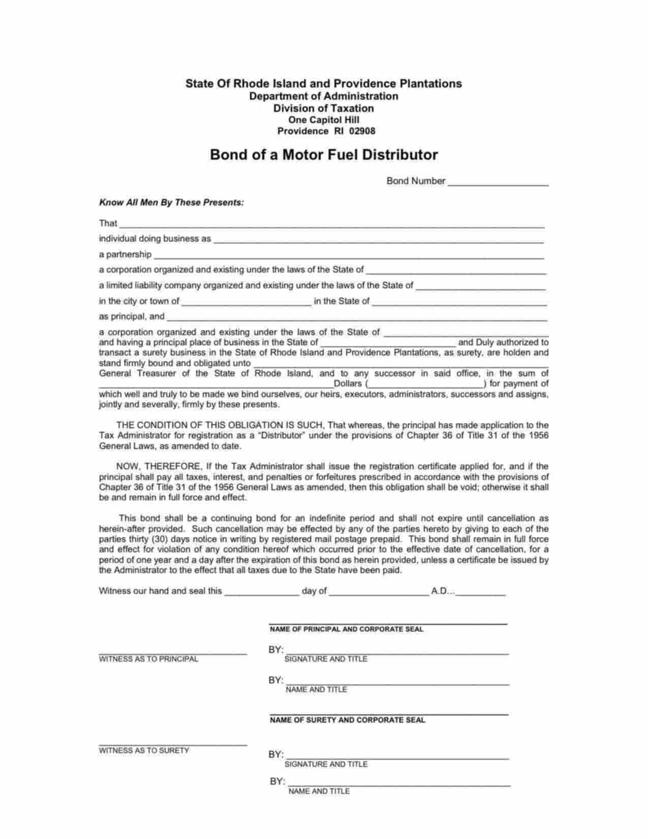 Rhode Island Motor Fuel Distributor - Corporation Bond Form