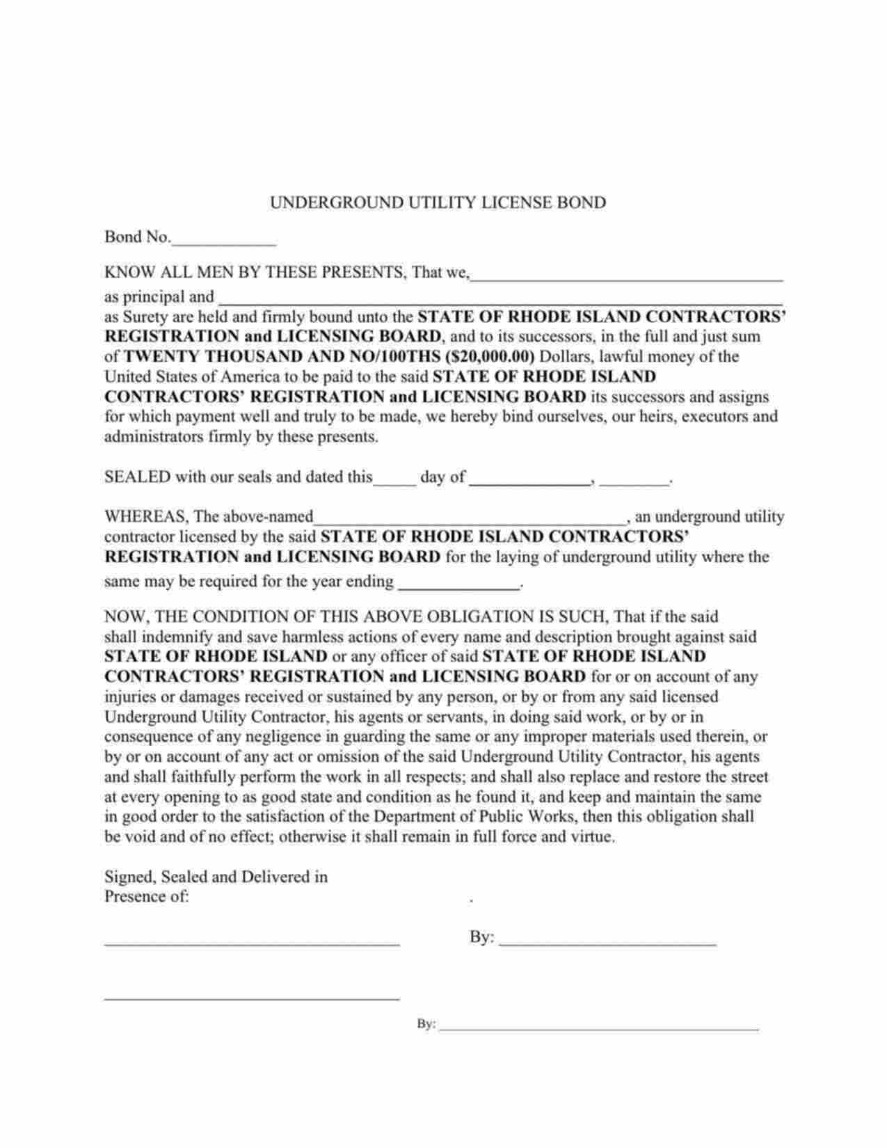 Rhode Island Underground Utility License Bond Form