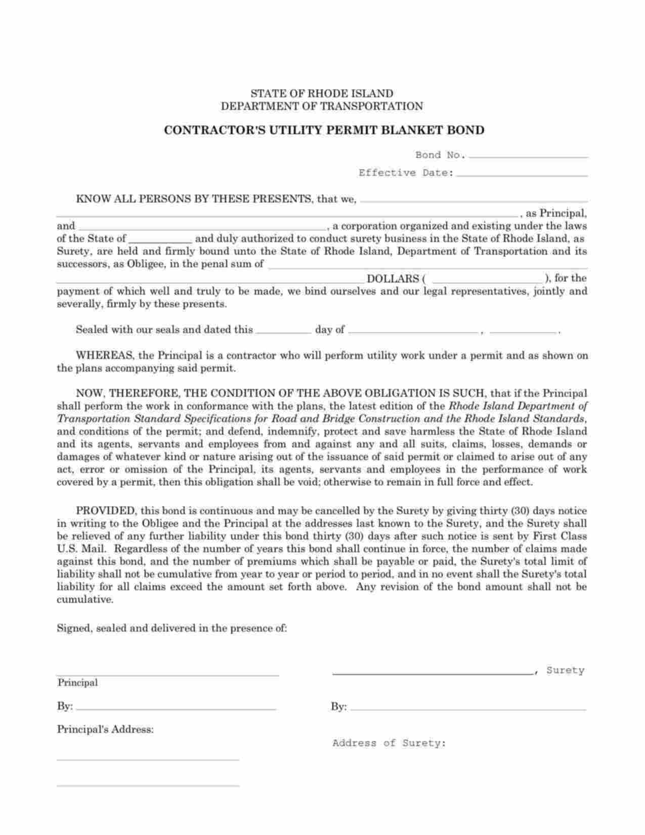 Rhode Island Contractor's Utility Permit Blanket Bond Form