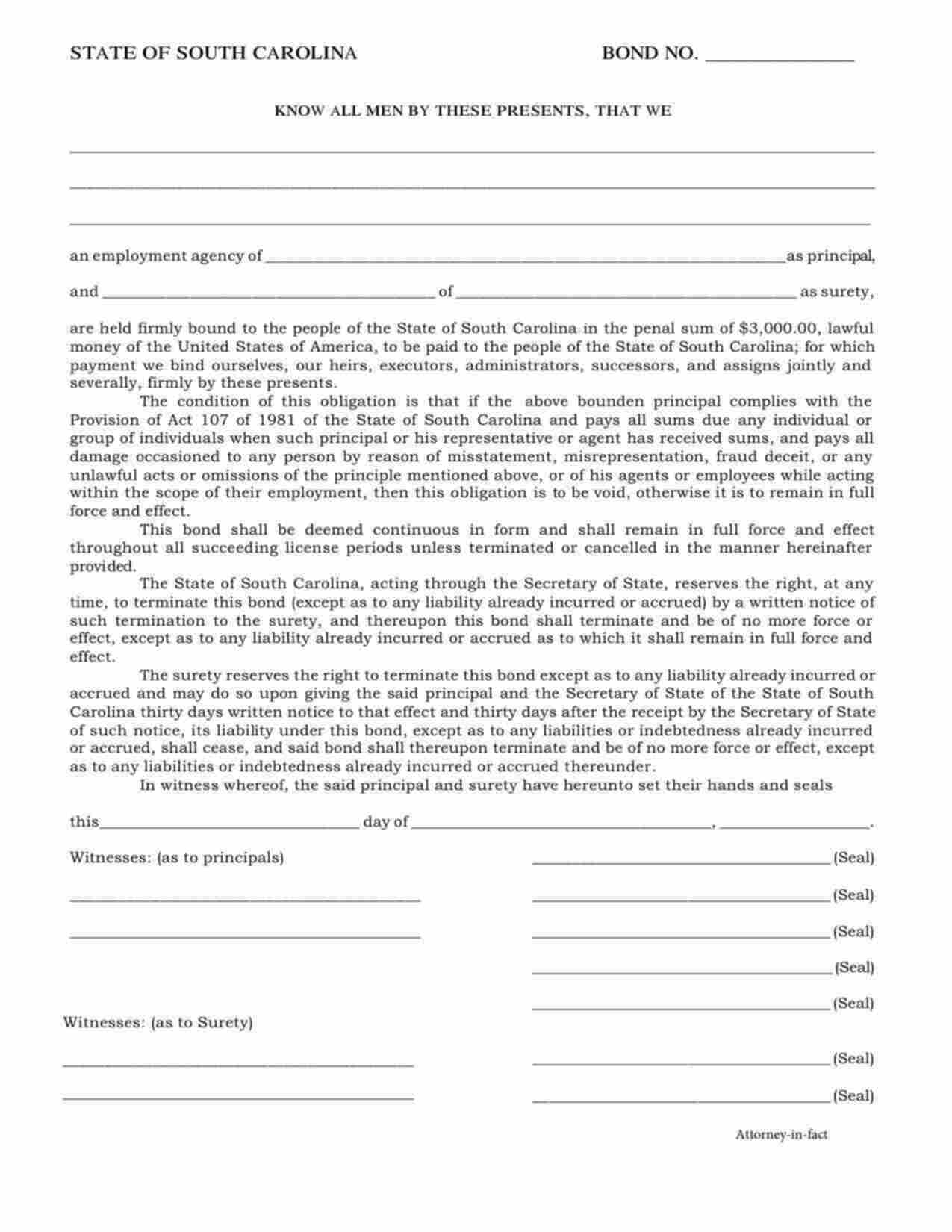 South Carolina Employment Agency Bond Form