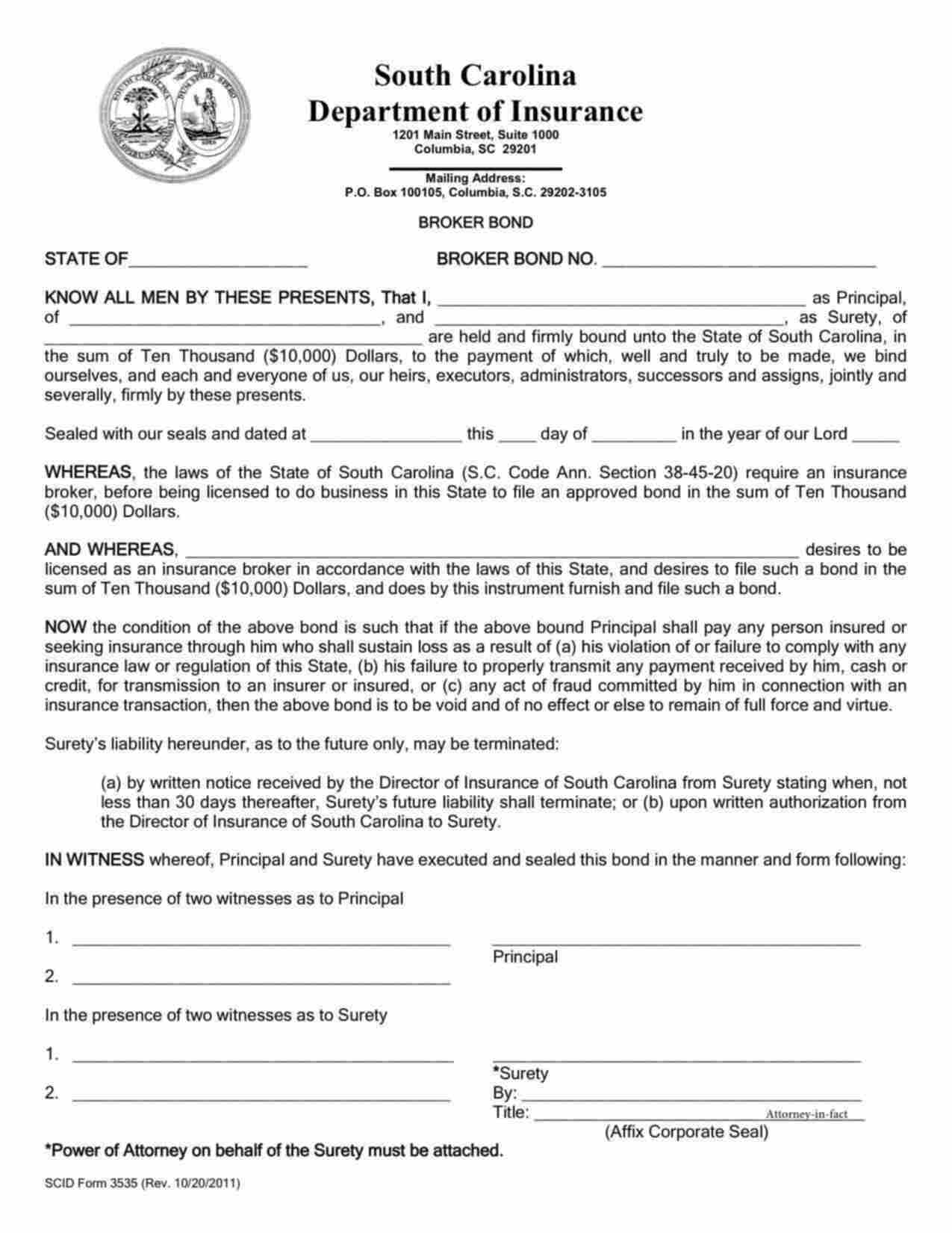 South Carolina Insurance Broker Bond Form