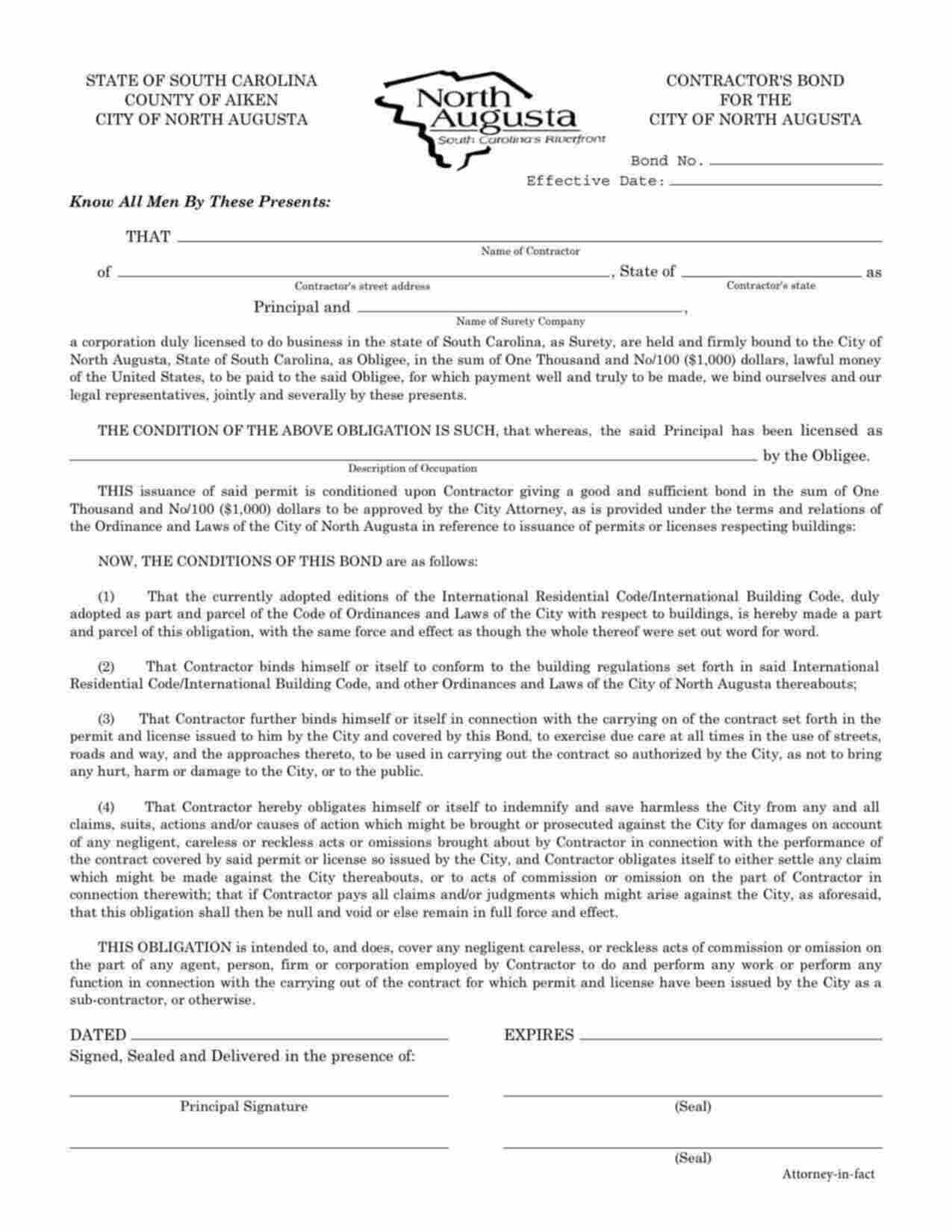 South Carolina Contractor's License Bond Form