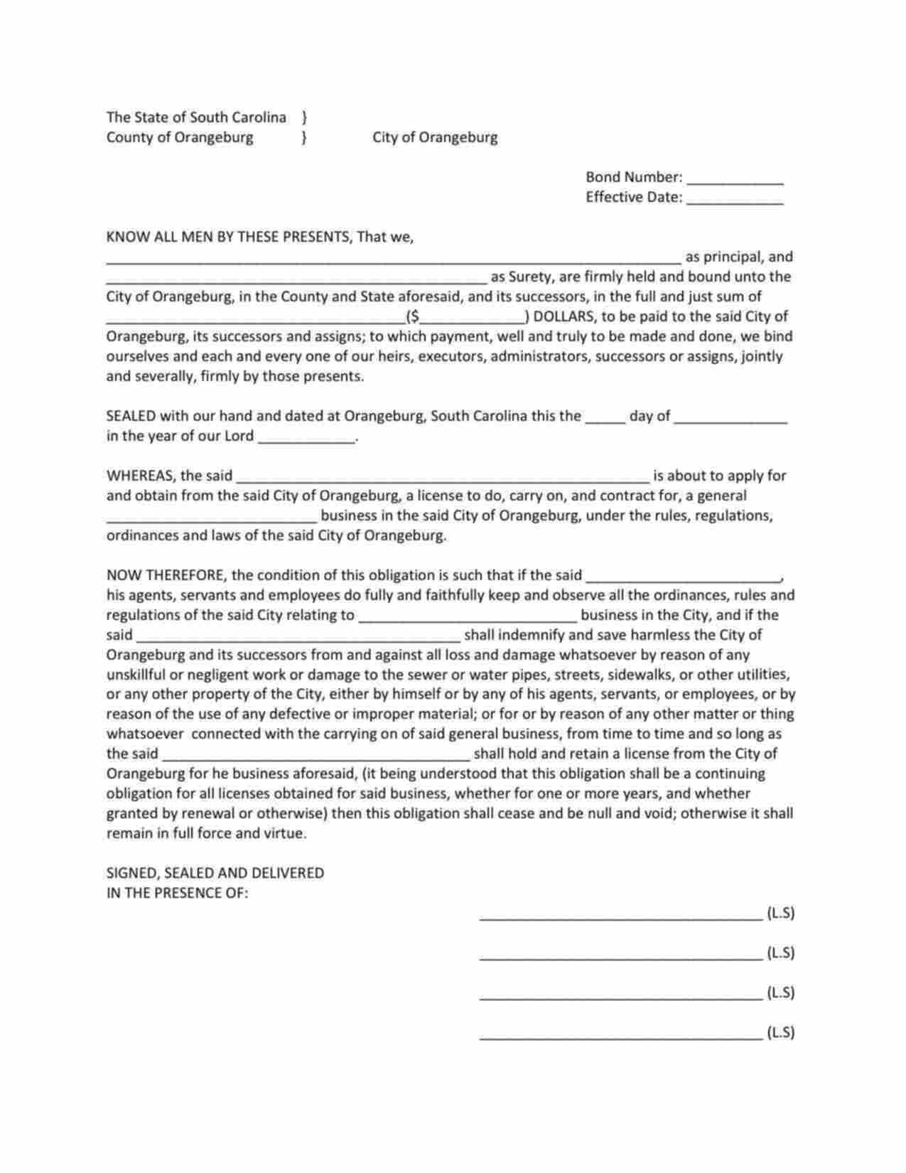 South Carolina License/Permit Bond Form