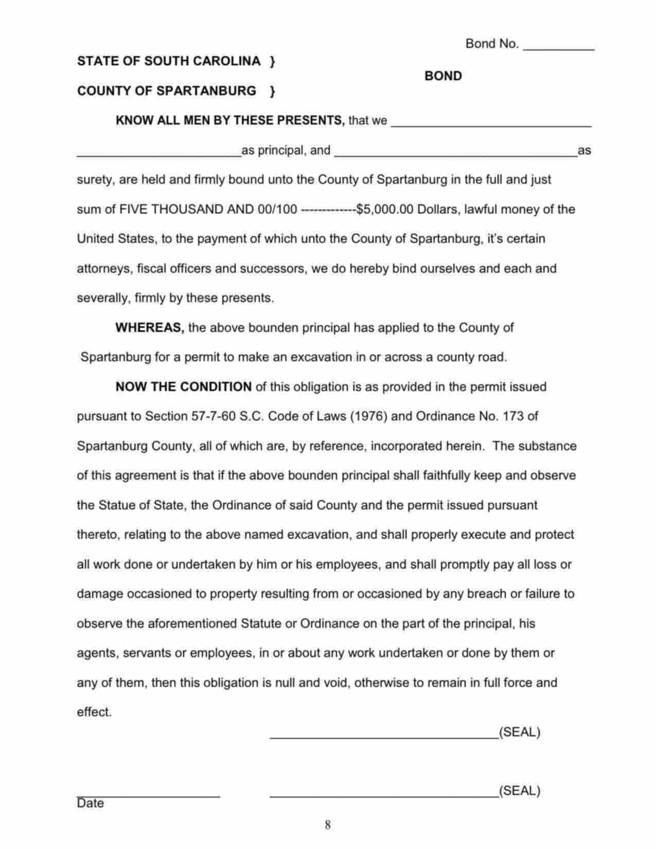 South Carolina Excavation Permit Bond Form