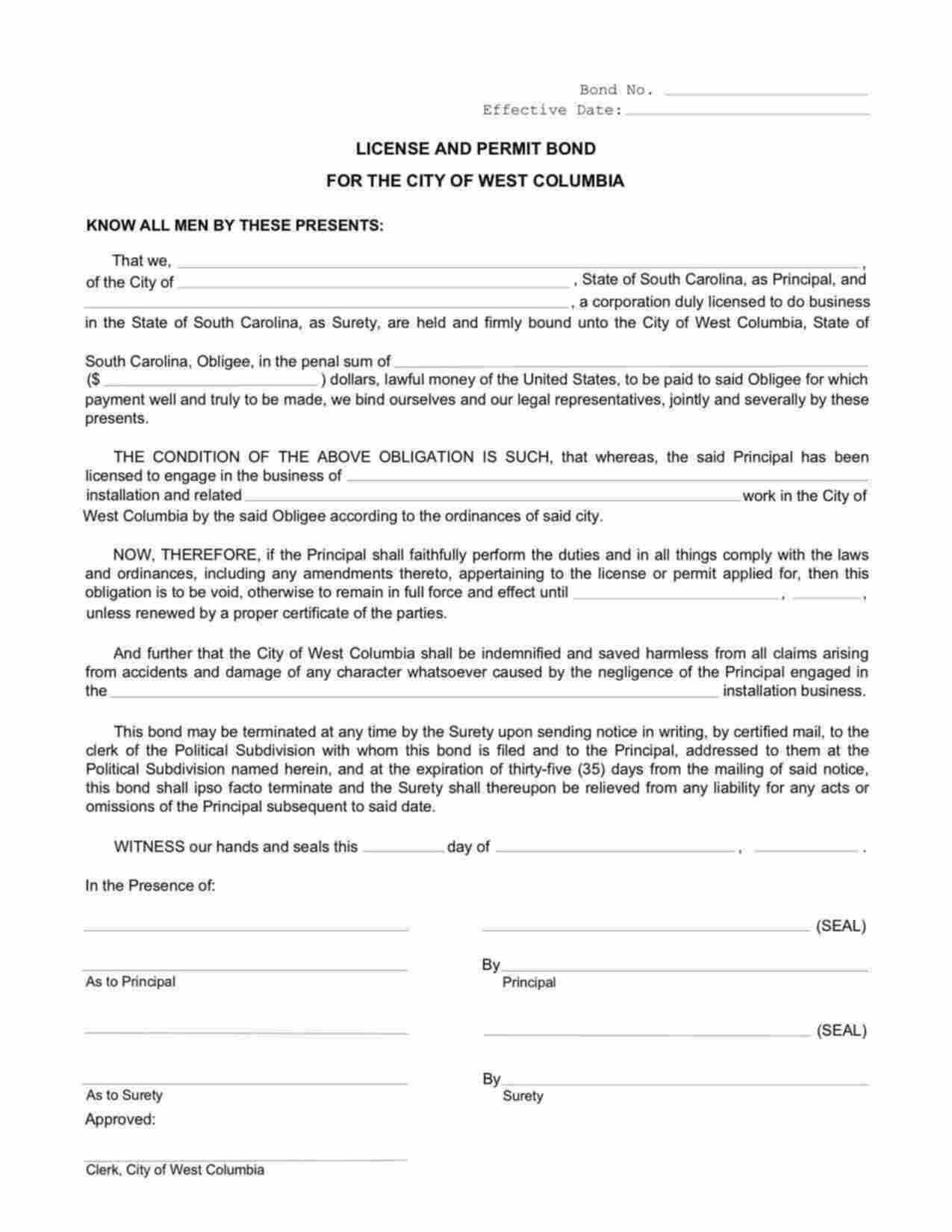 South Carolina License/Permit Bond Form
