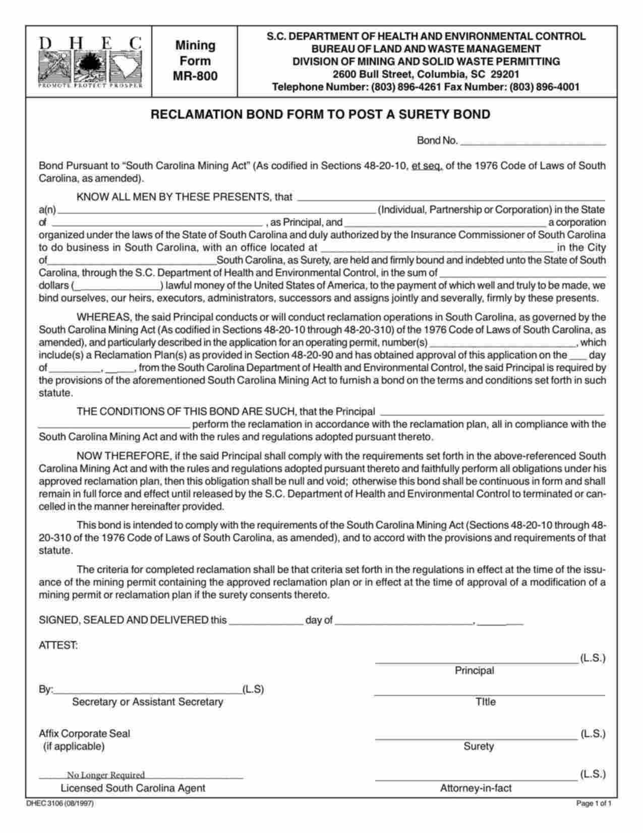 South Carolina Reclamation Bond Form
