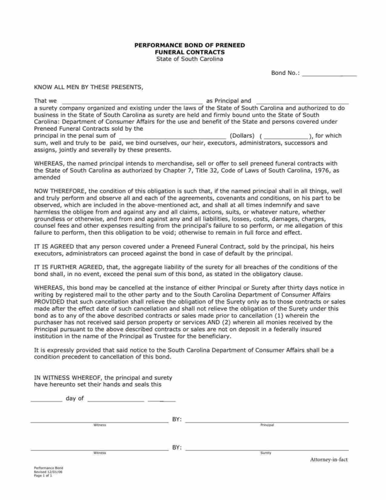 South Carolina Preneed Funeral Contracts Bond Form