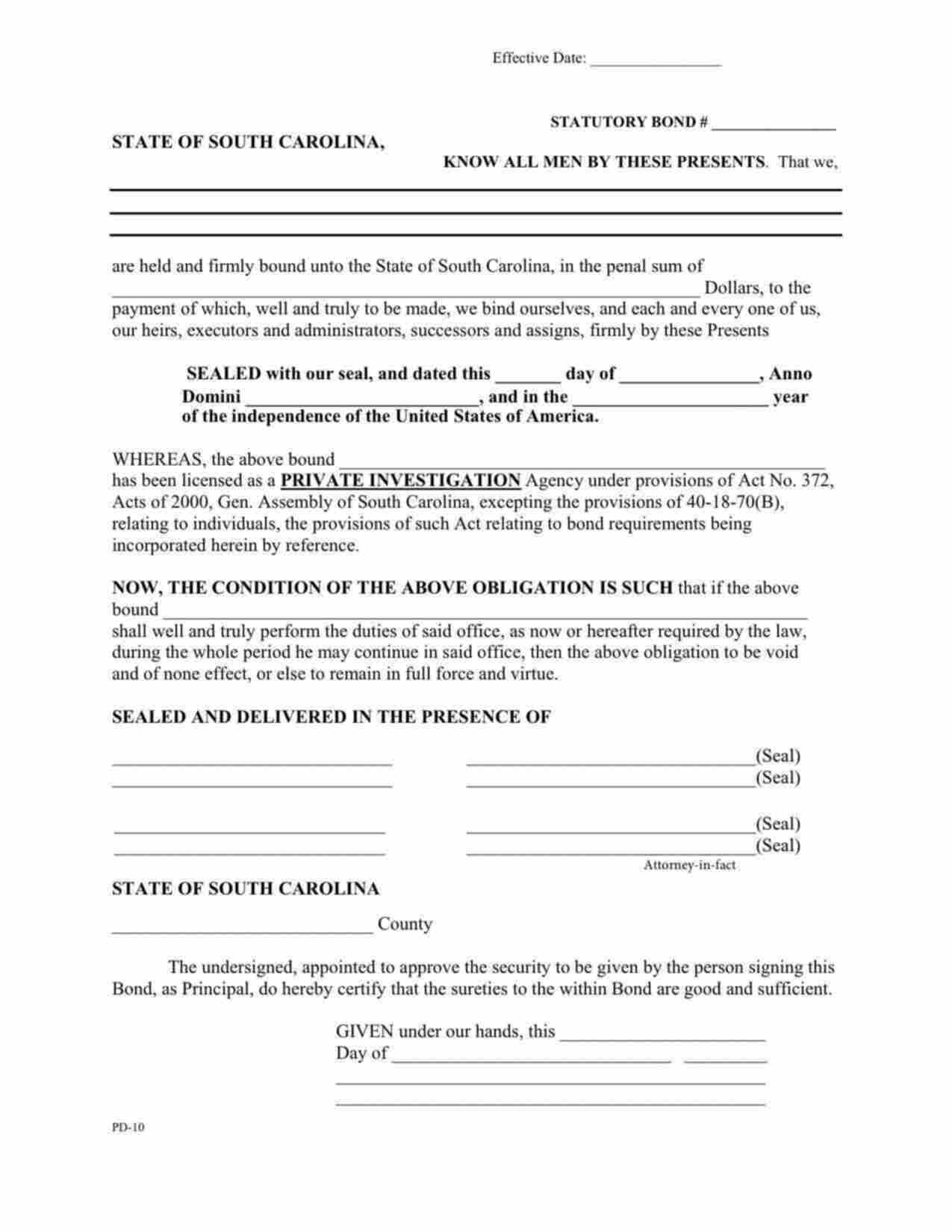 South Carolina Private Investigation Agency Bond Form