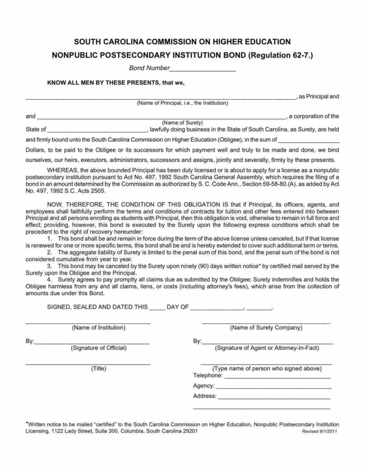 South Carolina Nonpublic Postsecondary Institution Bond Form