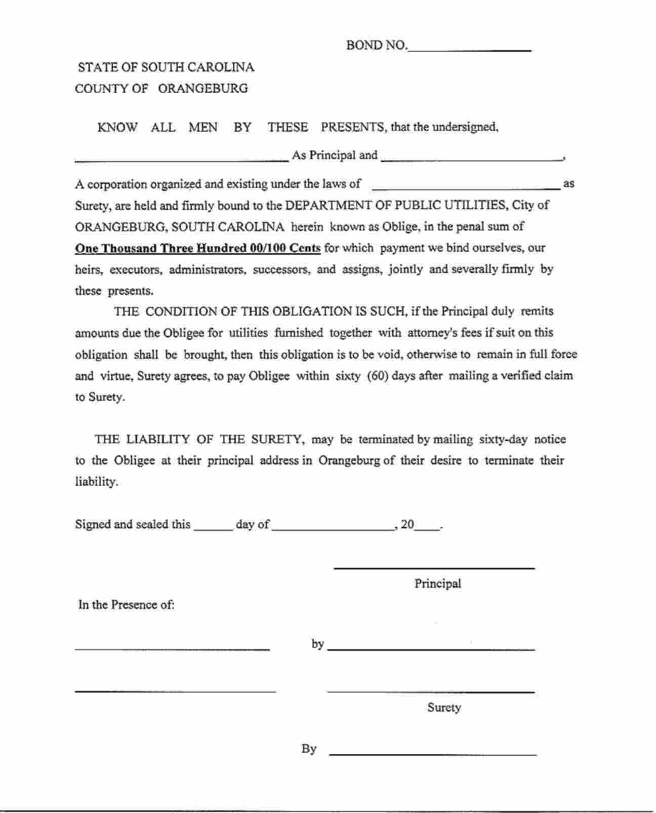 South Carolina Utility Deposit Bond Form