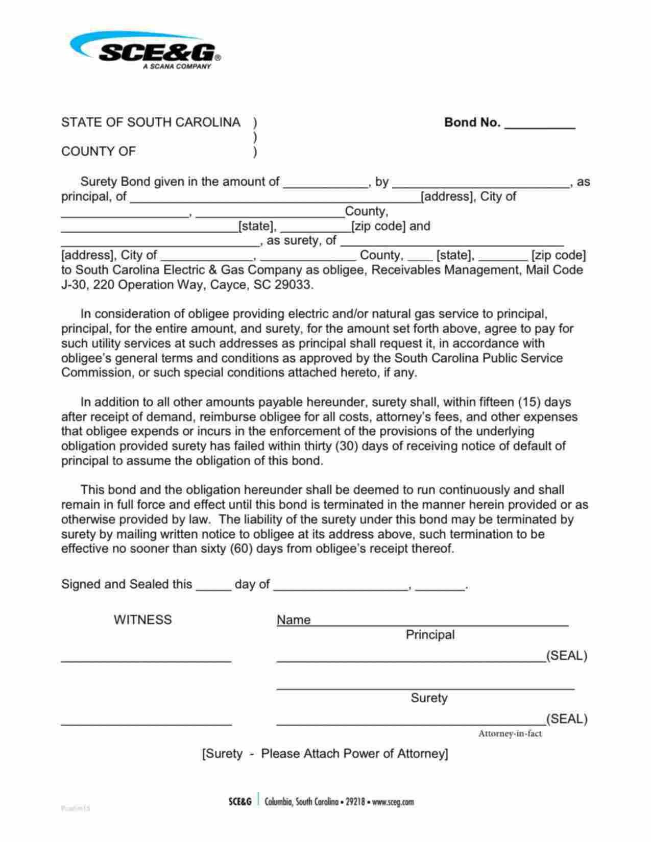 South Carolina Utility Deposit Bond Form