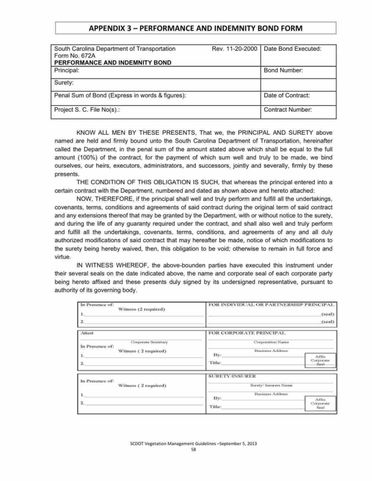 South Carolina Vegetation Management Performance and Indemnity Bond Form