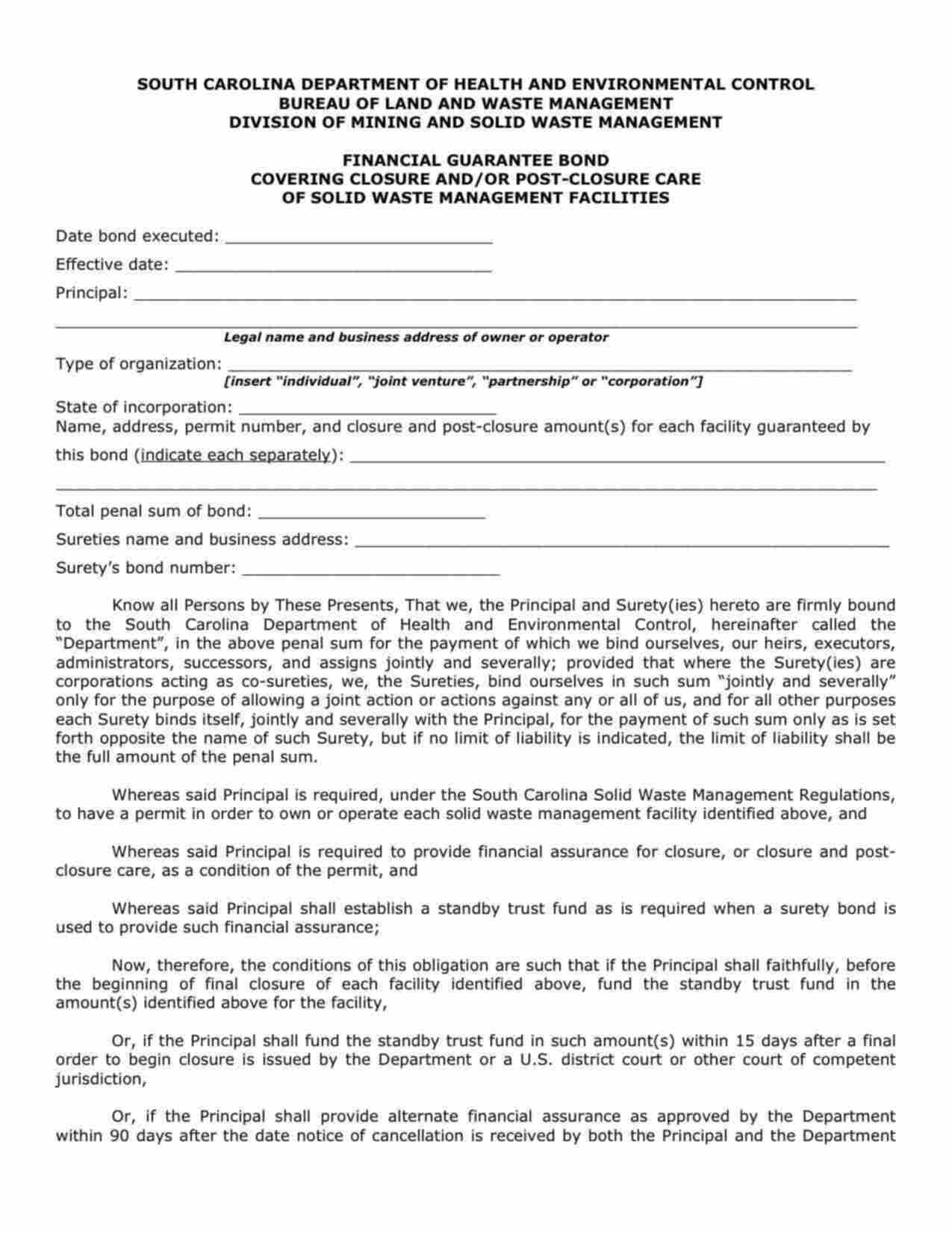 South Carolina Closure and/or Post-Closure Care of Solid Waste Bond Form