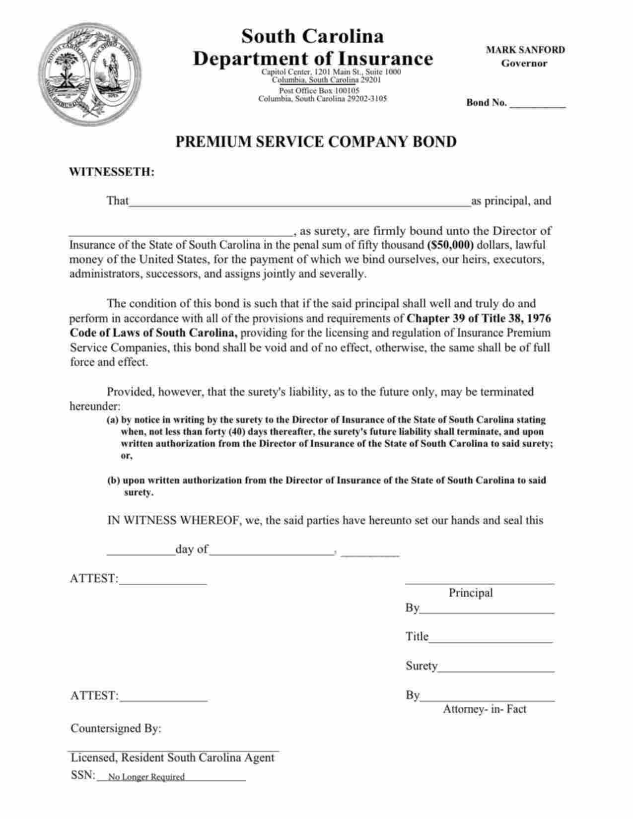 South Carolina Premium Service Company Bond Form