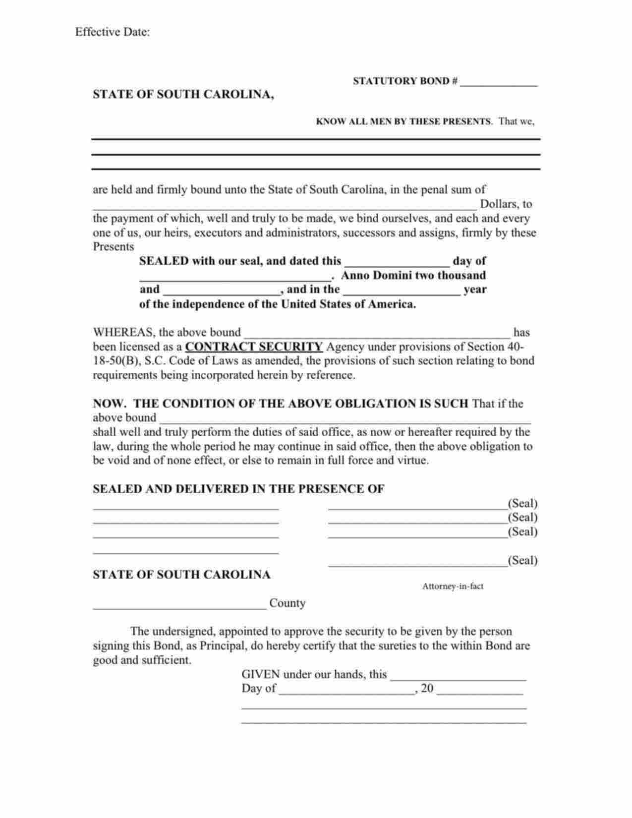 South Carolina Contract Security Agency Bond Form