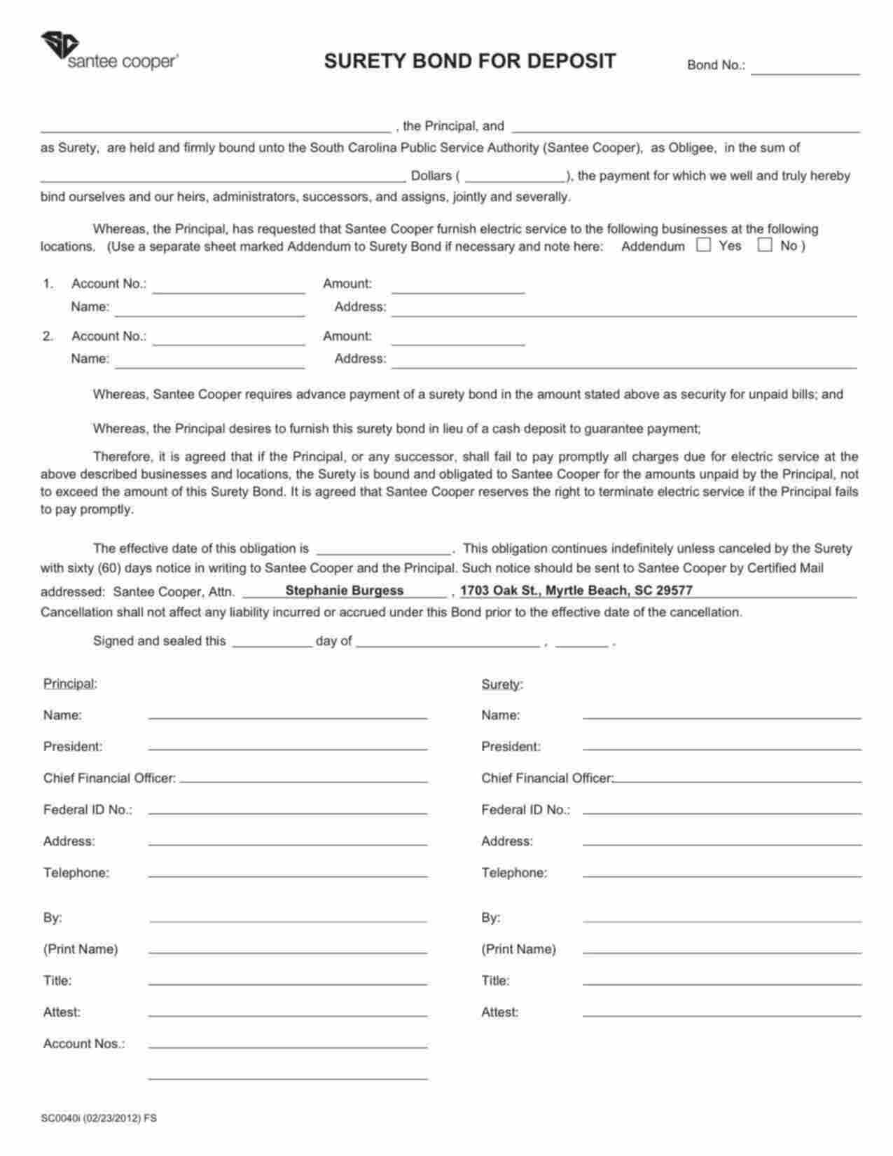 South Carolina Utility Deposit Bond Form