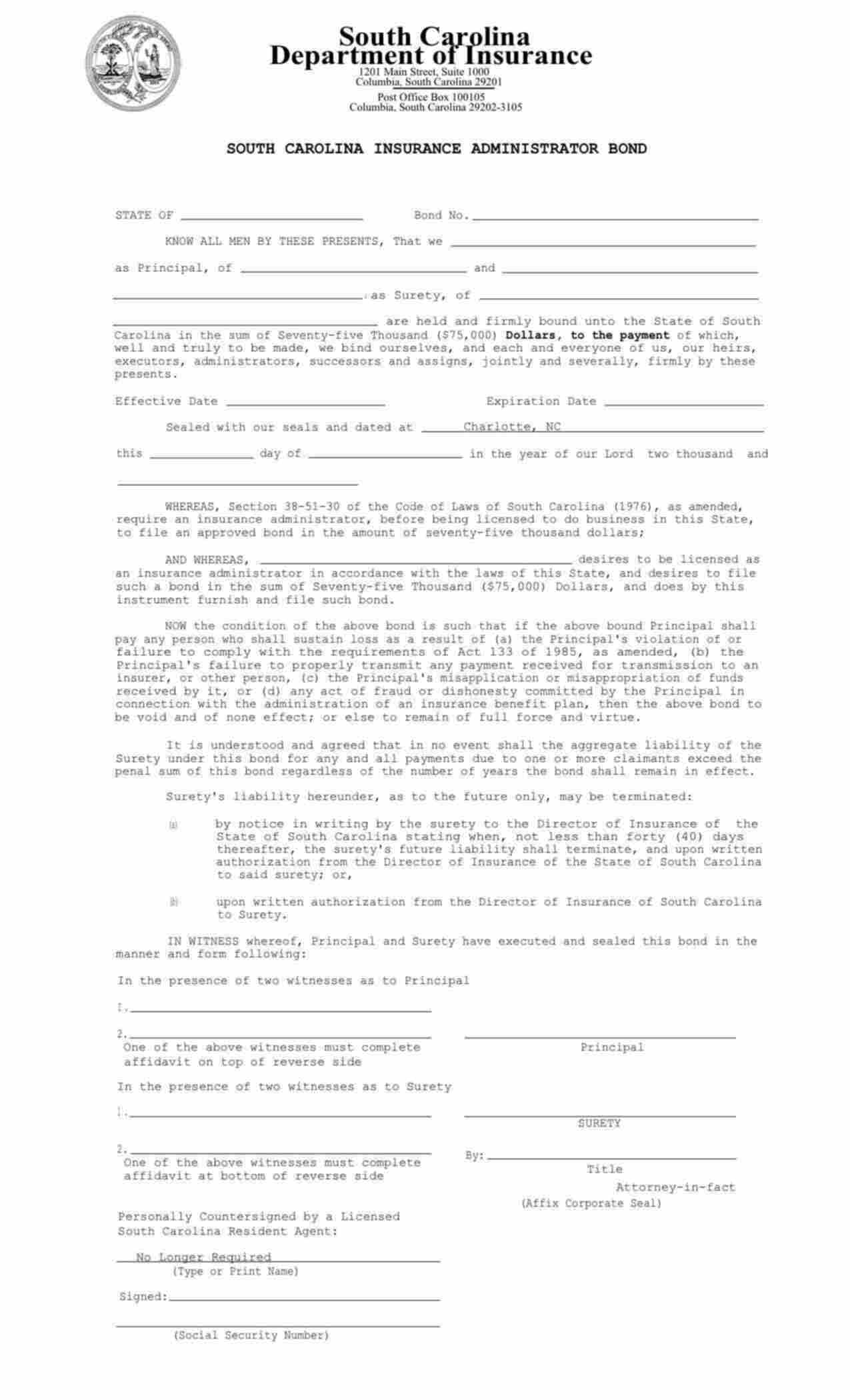 South Carolina Insurance Administrator Bond Form