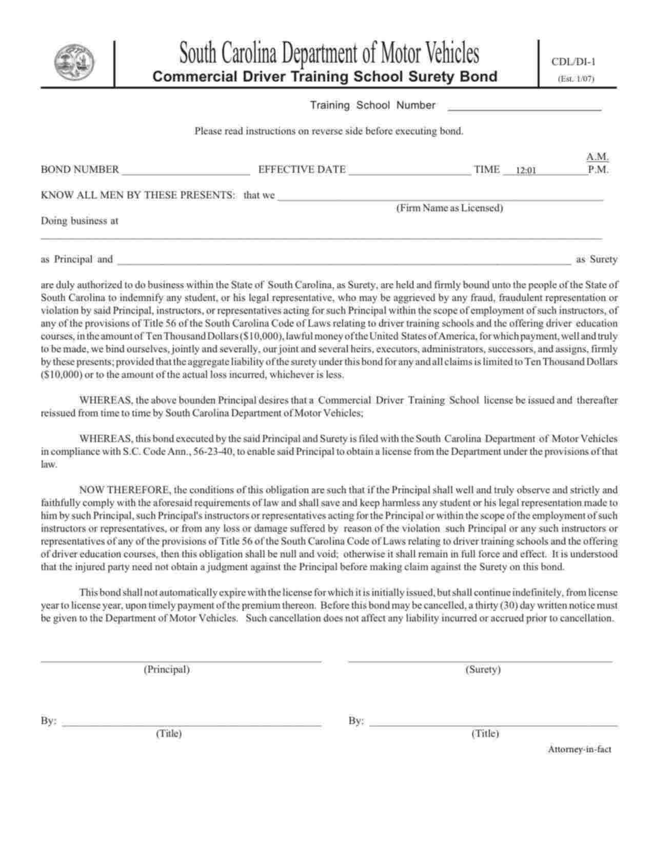 South Carolina Commercial Driver Training School Bond Form