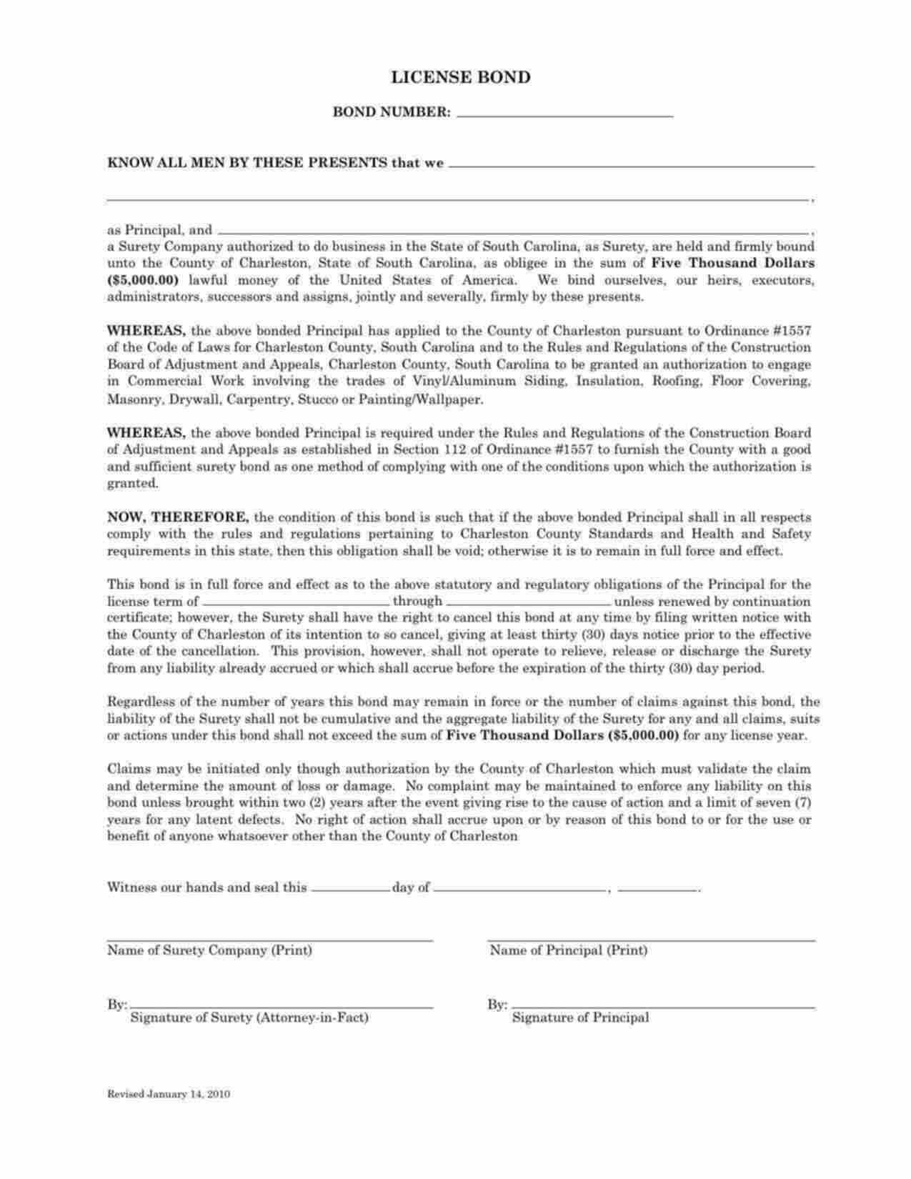 South Carolina Contractor's License Bond Form