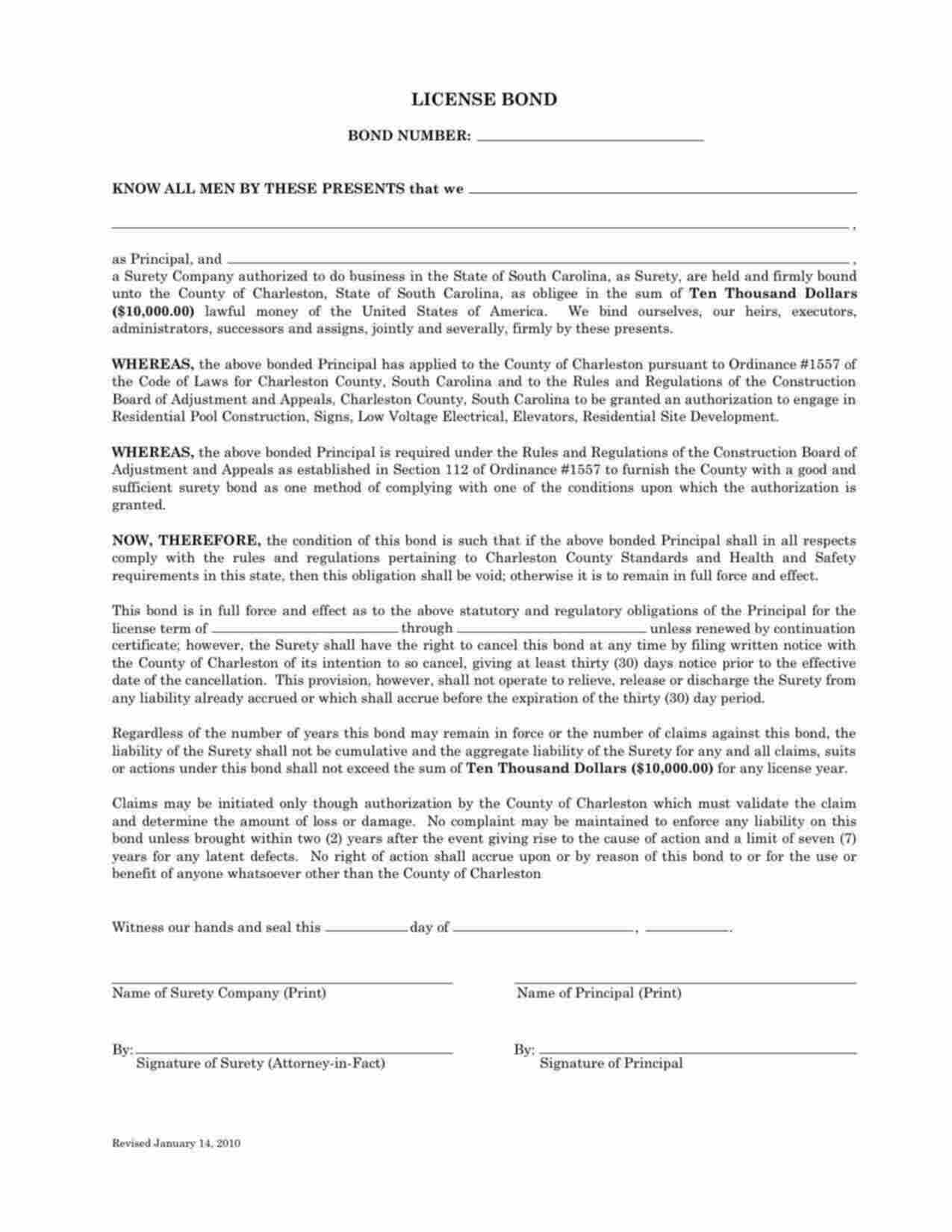 South Carolina Contractor's License Bond Form