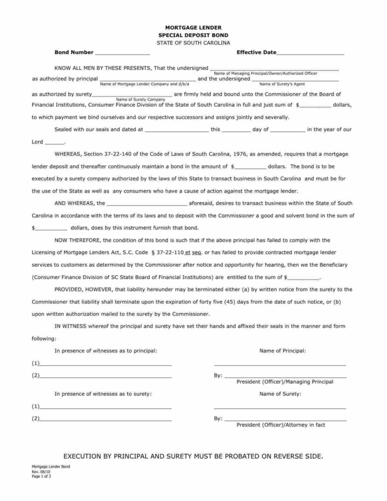 South Carolina Mortgage Lender/Servicer License Bond Form