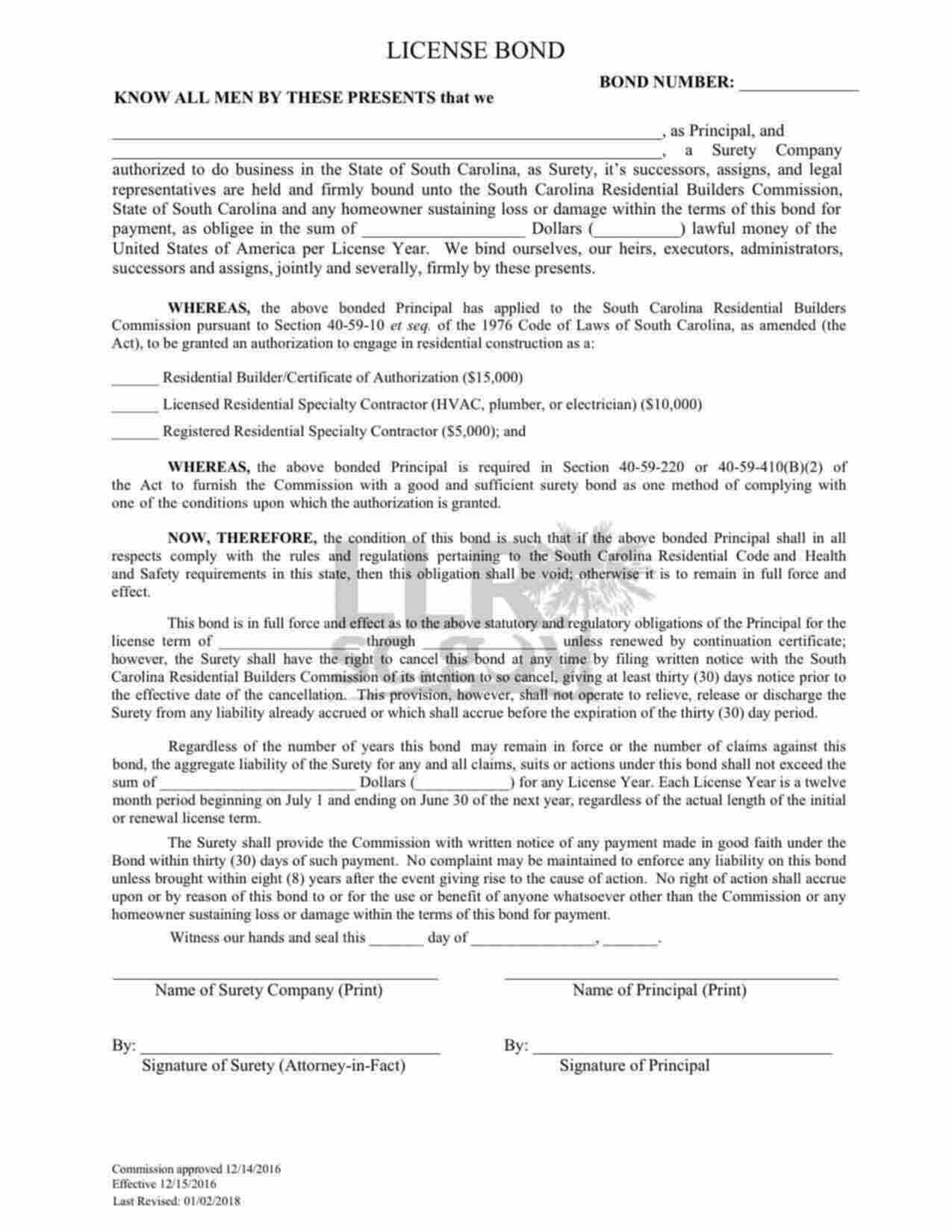 South Carolina Licensed Residential Specialty Contractor (HVAC, Plumber, or Electrician) Bond Form