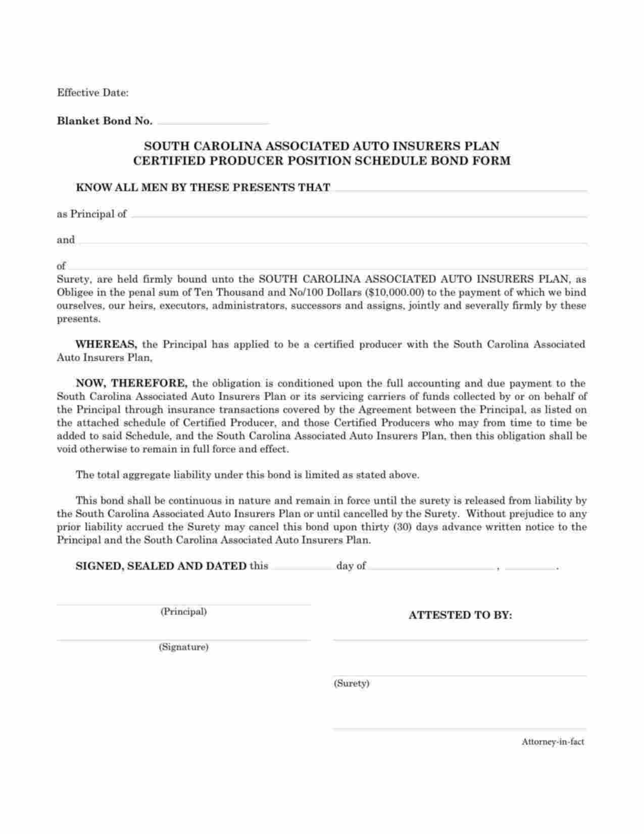 South Carolina Auto Insurers Plan Certified Producer Position Schedule Bond Form