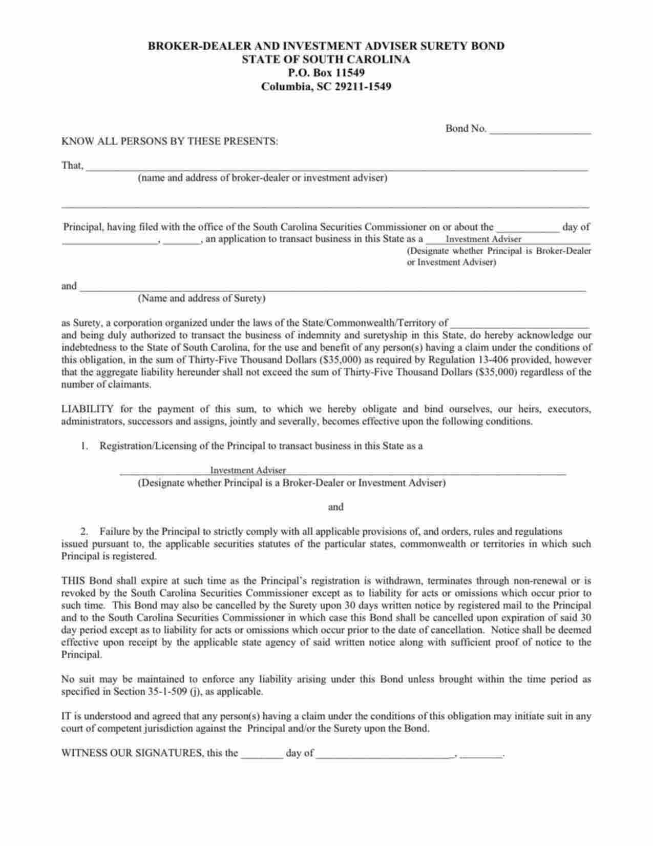 South Carolina Investment Adviser Bond Form