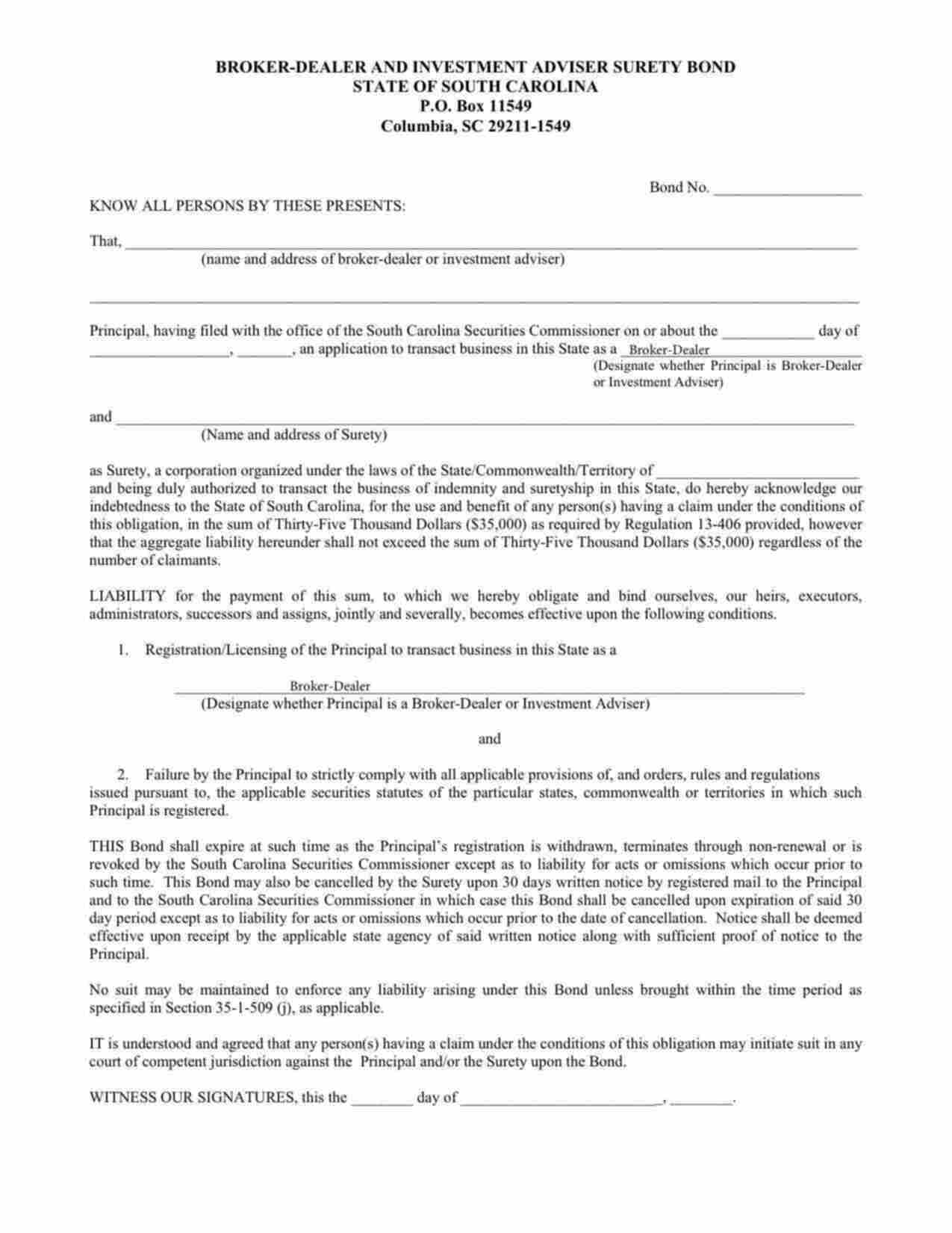 South Carolina Broker Dealer Bond Form