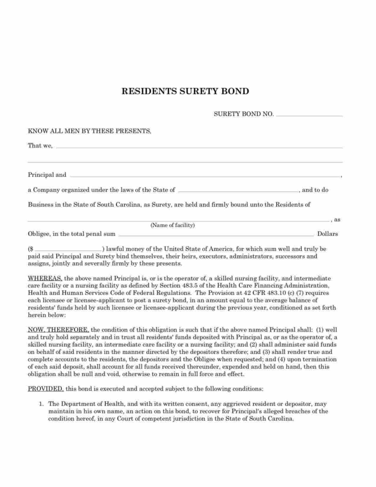 South Carolina Nursing Facility Residents Surety Bond Form