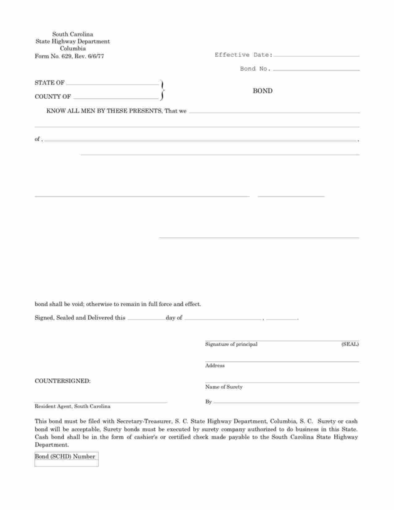 South Carolina Movement of Oversized Mobile Homes Bond Form