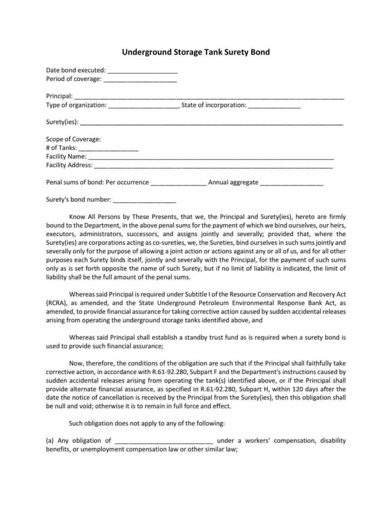 South Carolina Underground Storage Tank Bond Form