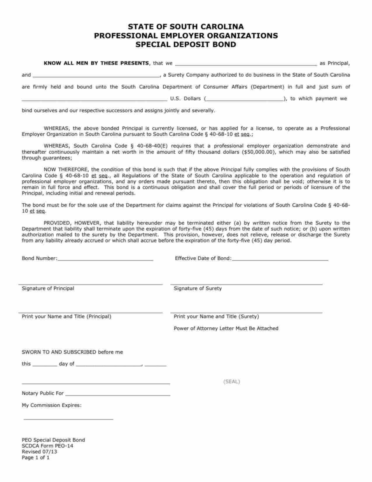 South Carolina Professional Employer Organization Special Deposit Bond Form