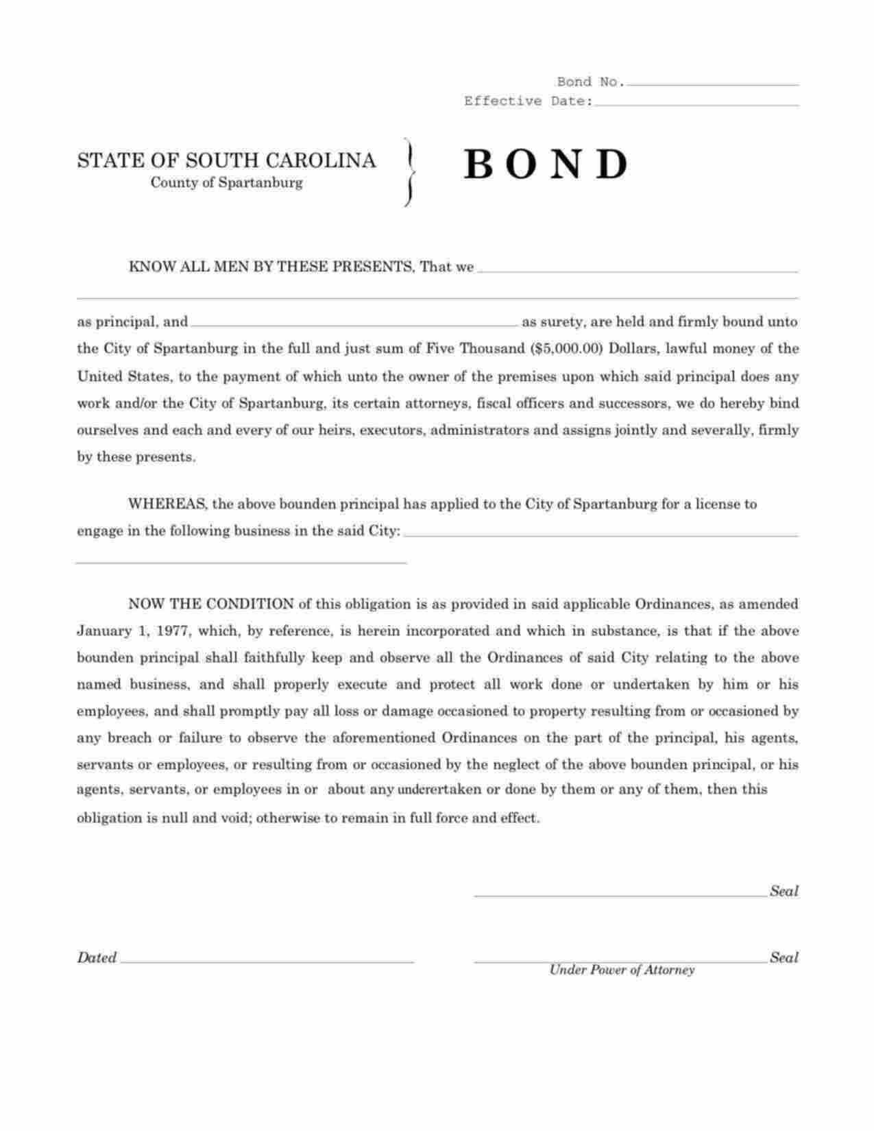 South Carolina License/Permit Bond Form