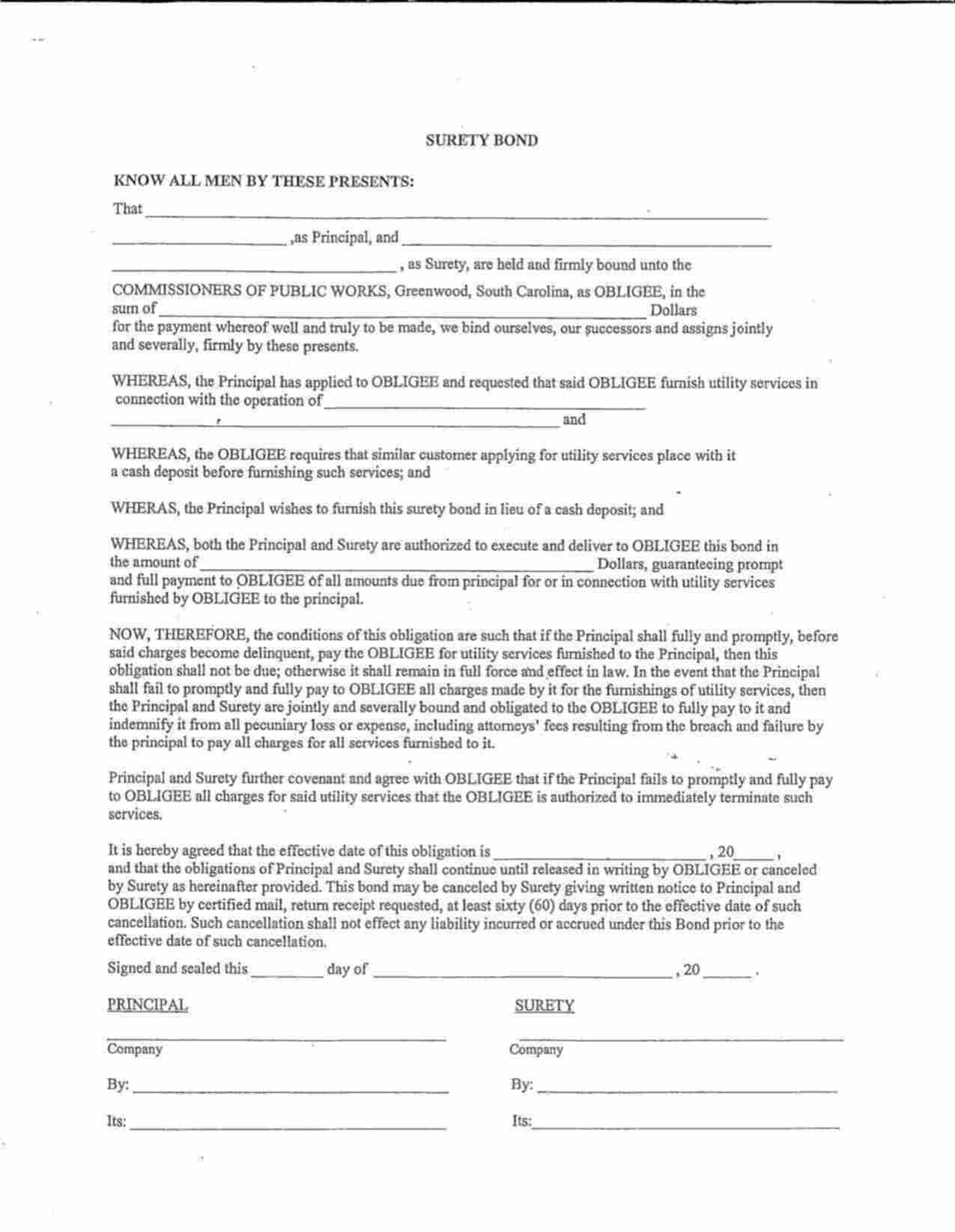 South Carolina Utility Deposit Bond Form