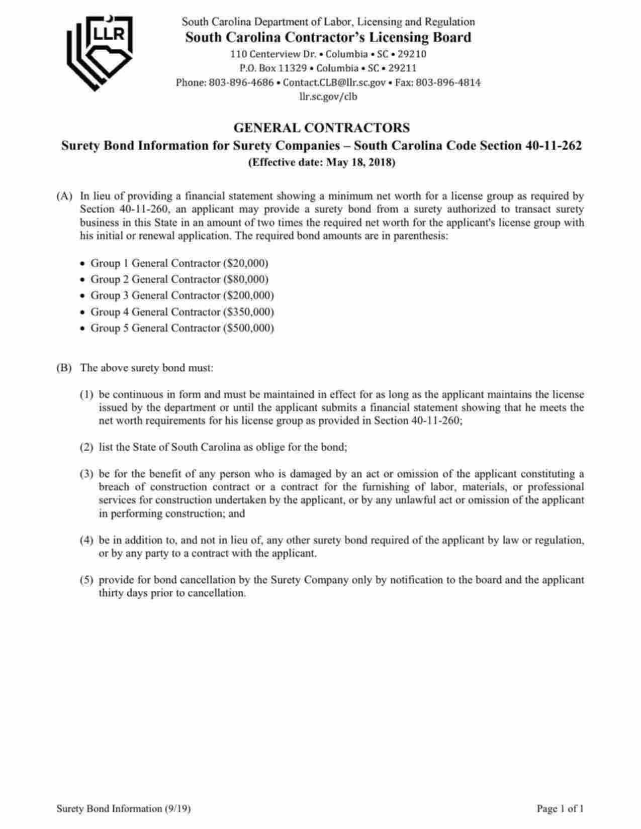 South Carolina General and Mechanical Contractor License Bond Form