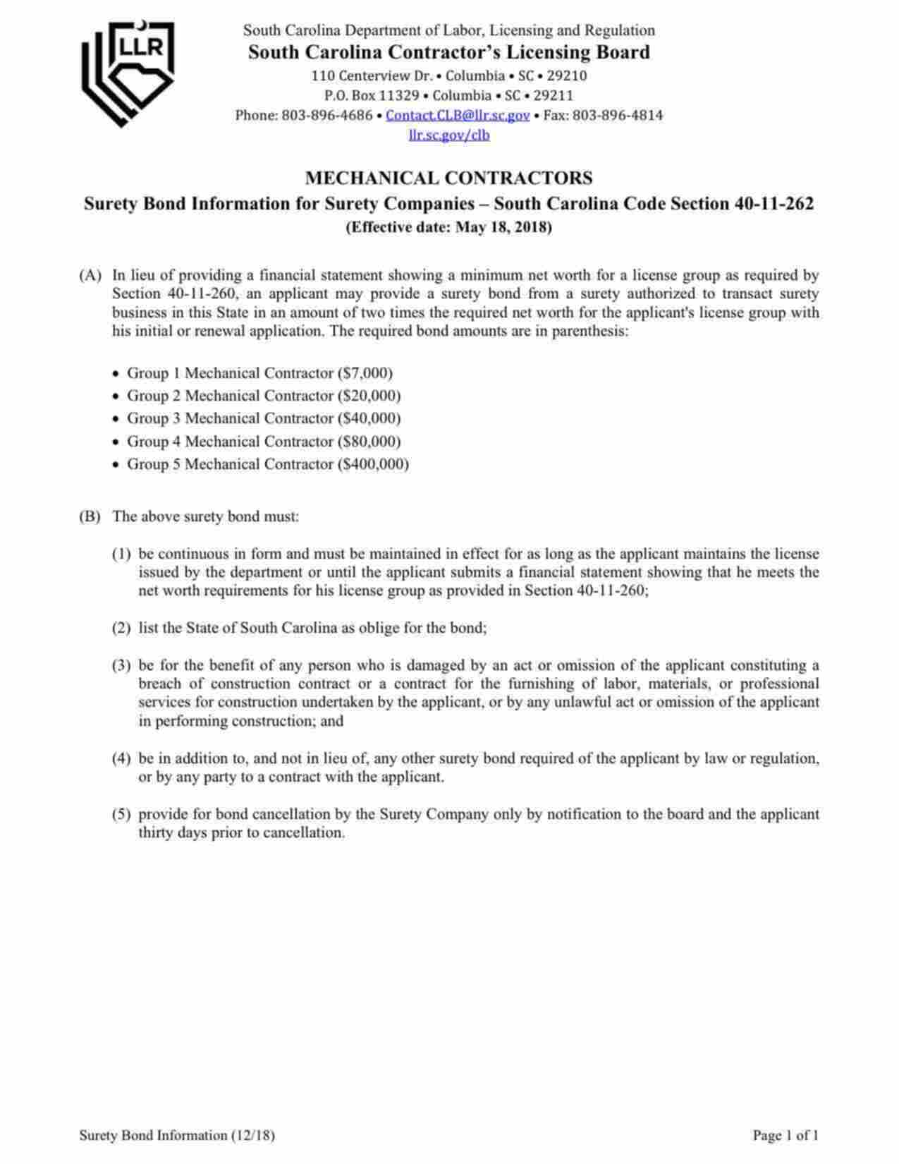 South Carolina Mechanical Contractor (Group 1) Bond Form