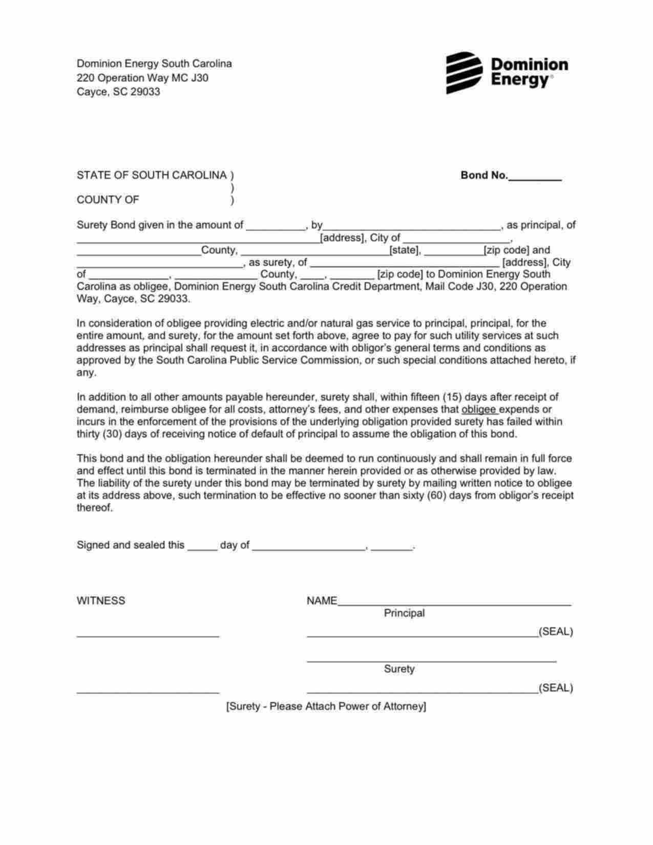 South Carolina Utility Deposit Bond Form