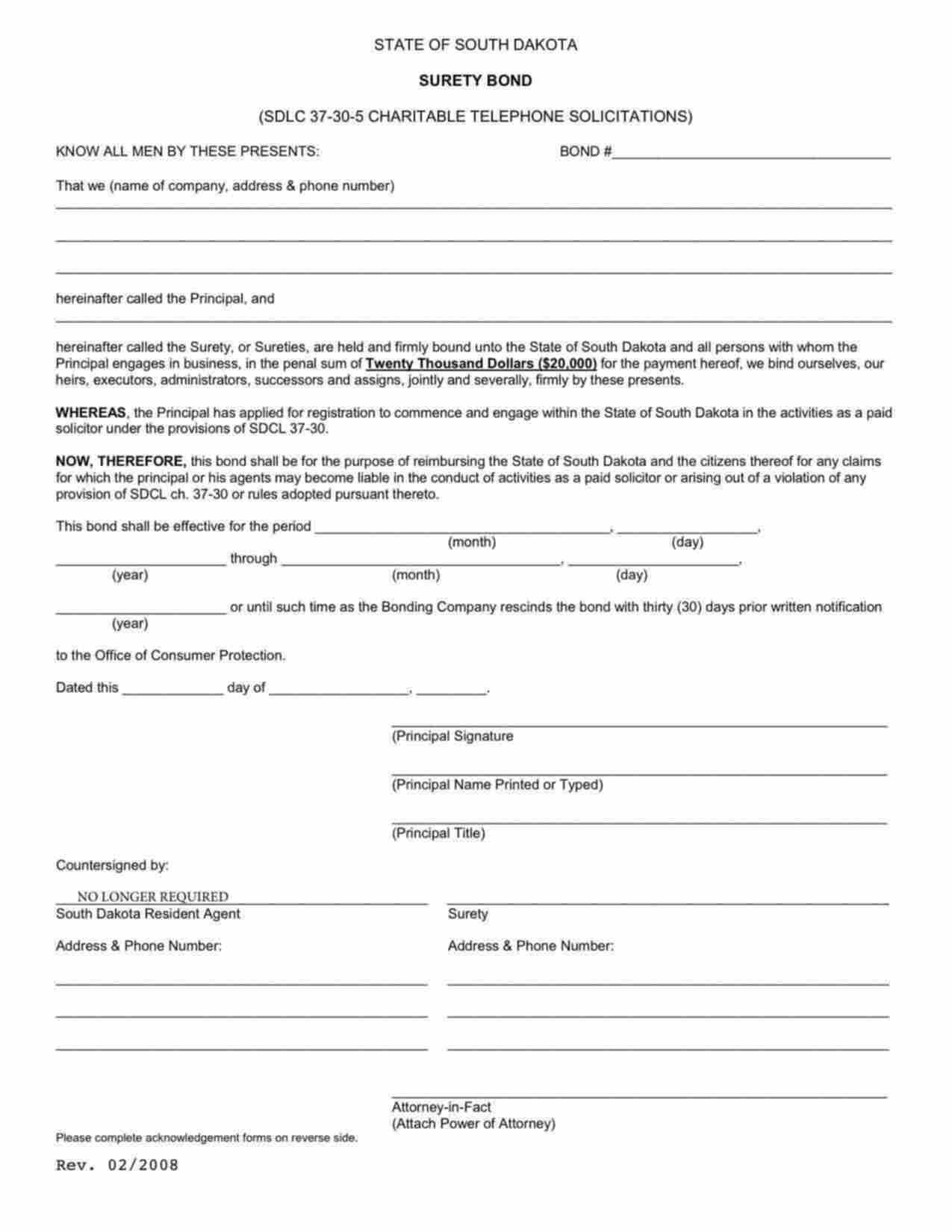 South Dakota Charitable Telephone Solicitations Bond Form