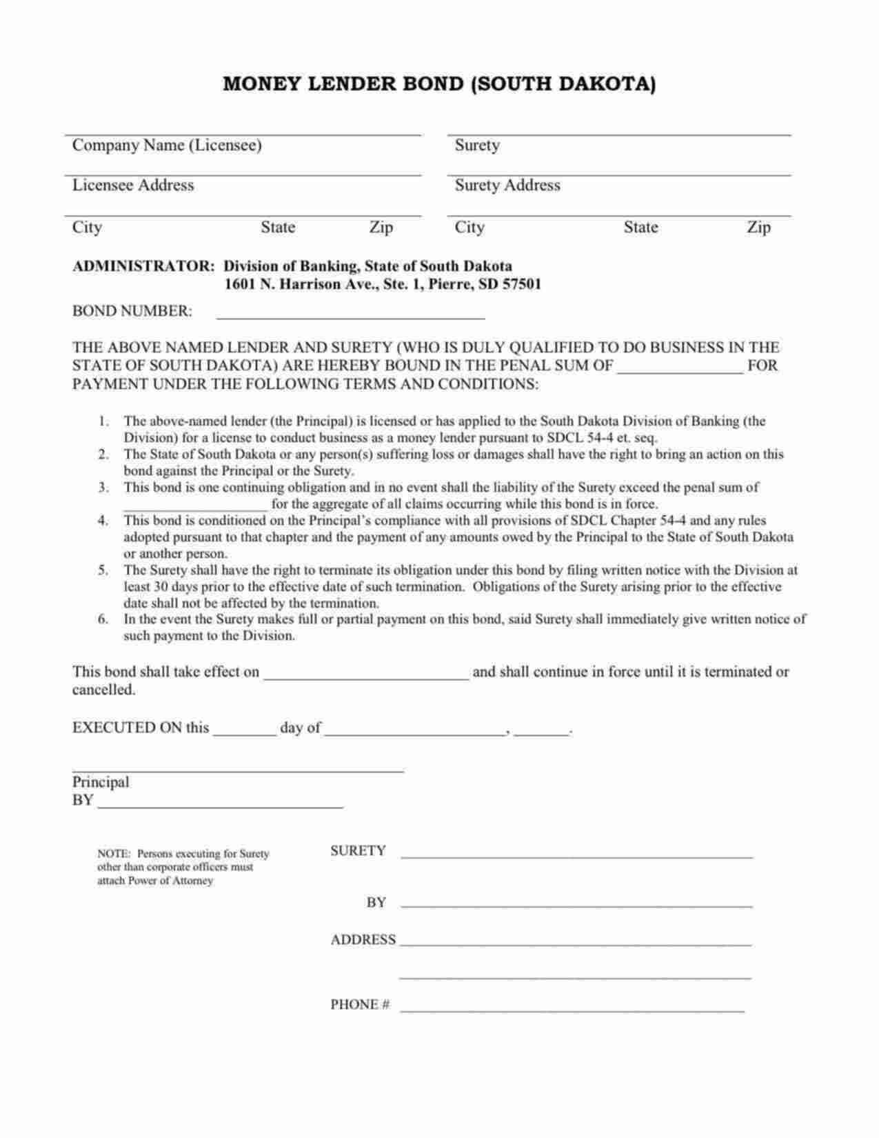 South Dakota Money Lender License Bond Form