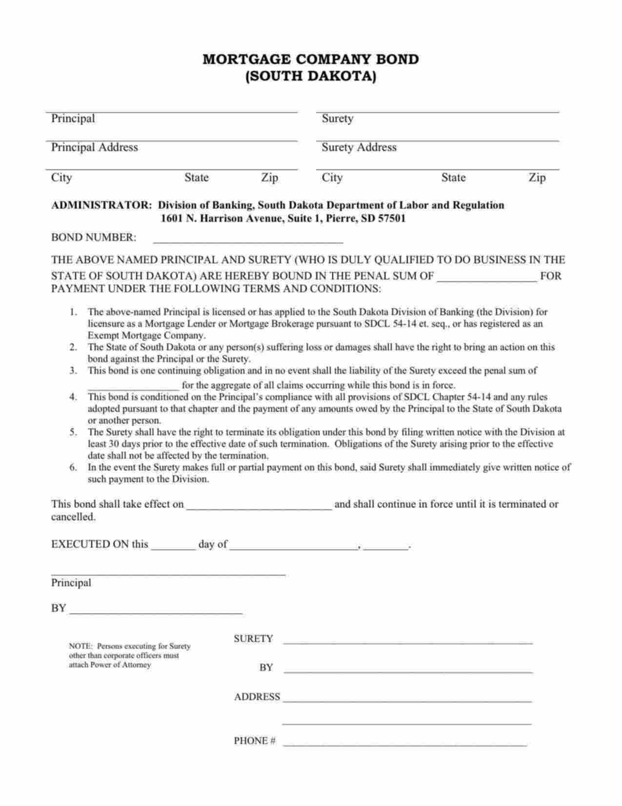 South Dakota Mortgage Brokerage License Bond Form