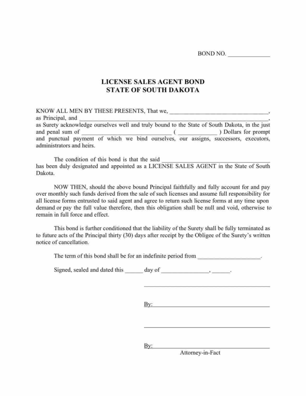 South Dakota Hunting and Fishing License Sales Agent Bond Form