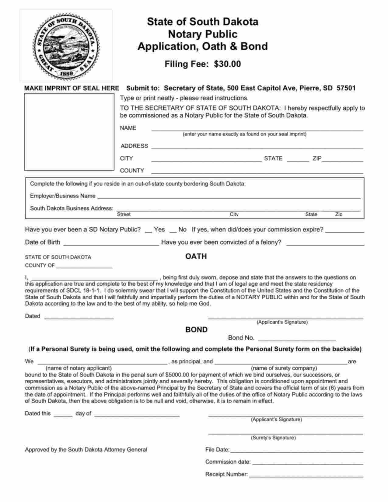 South Dakota Notary Public Bond Form