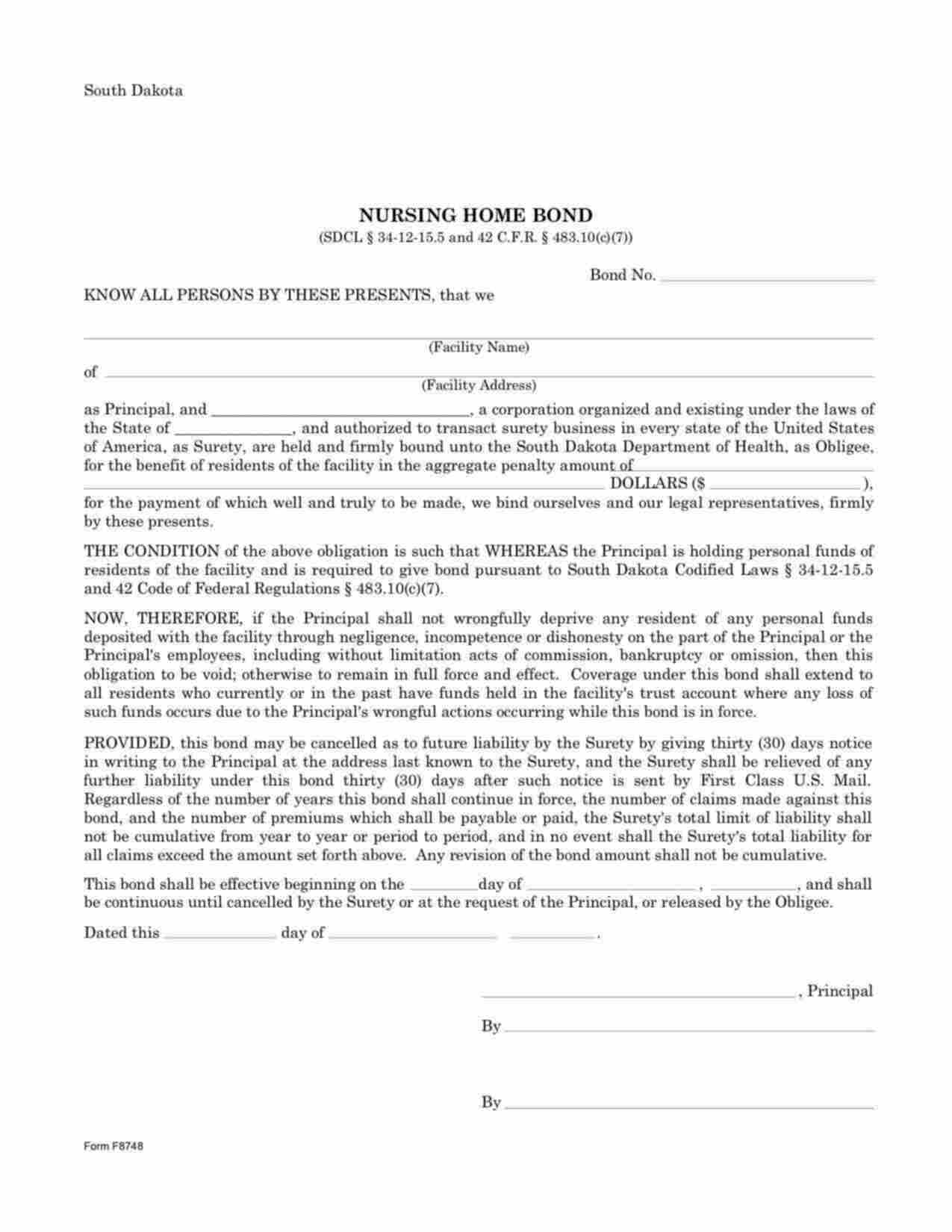 South Dakota Nursing Home Bond Form