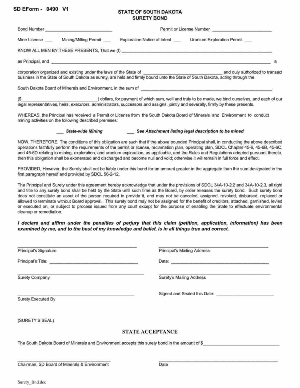 South Dakota Reclamation: Mine License Bond Form